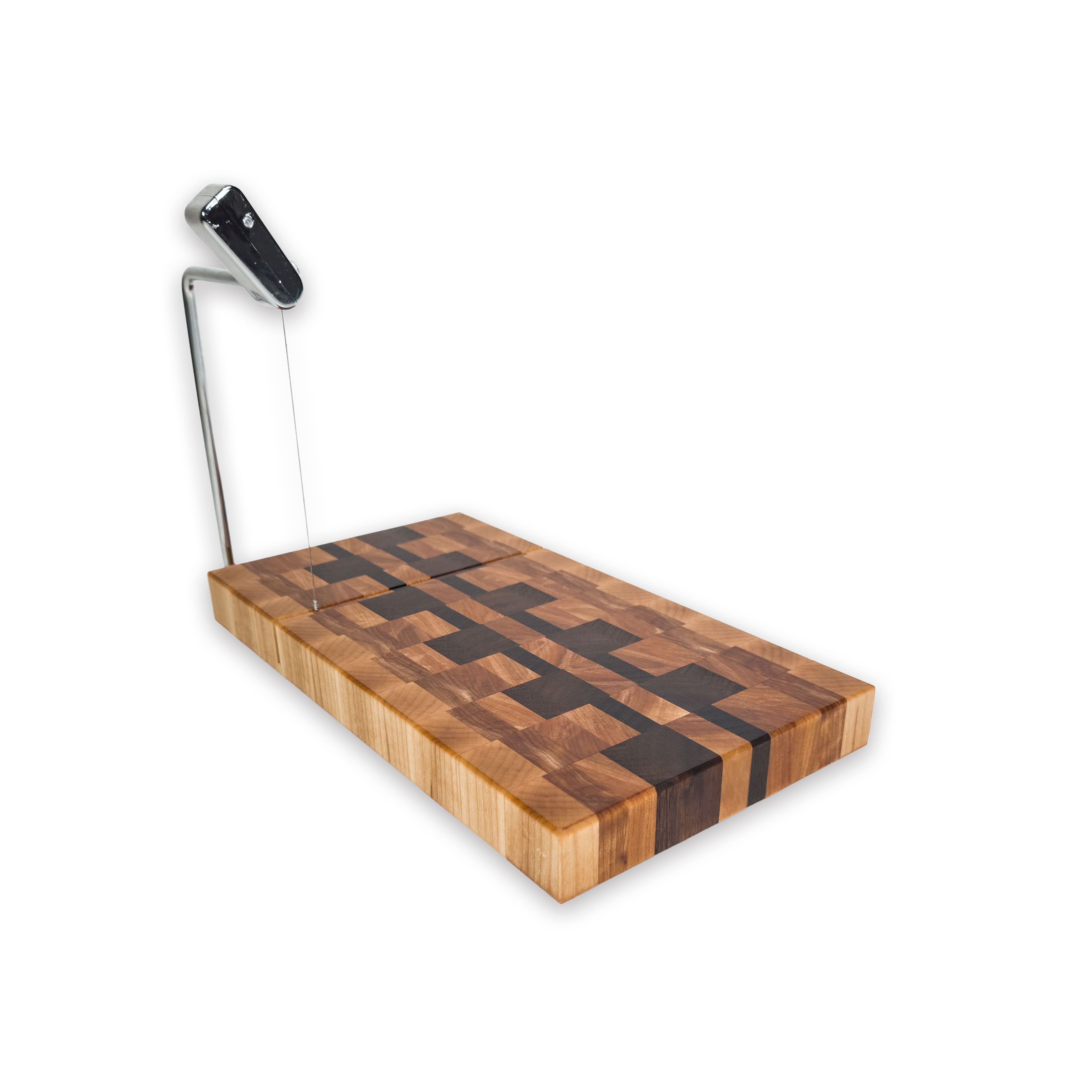 End grain maple, walnut & hickory cheese slicer board with wire cutter, oiled hardwood