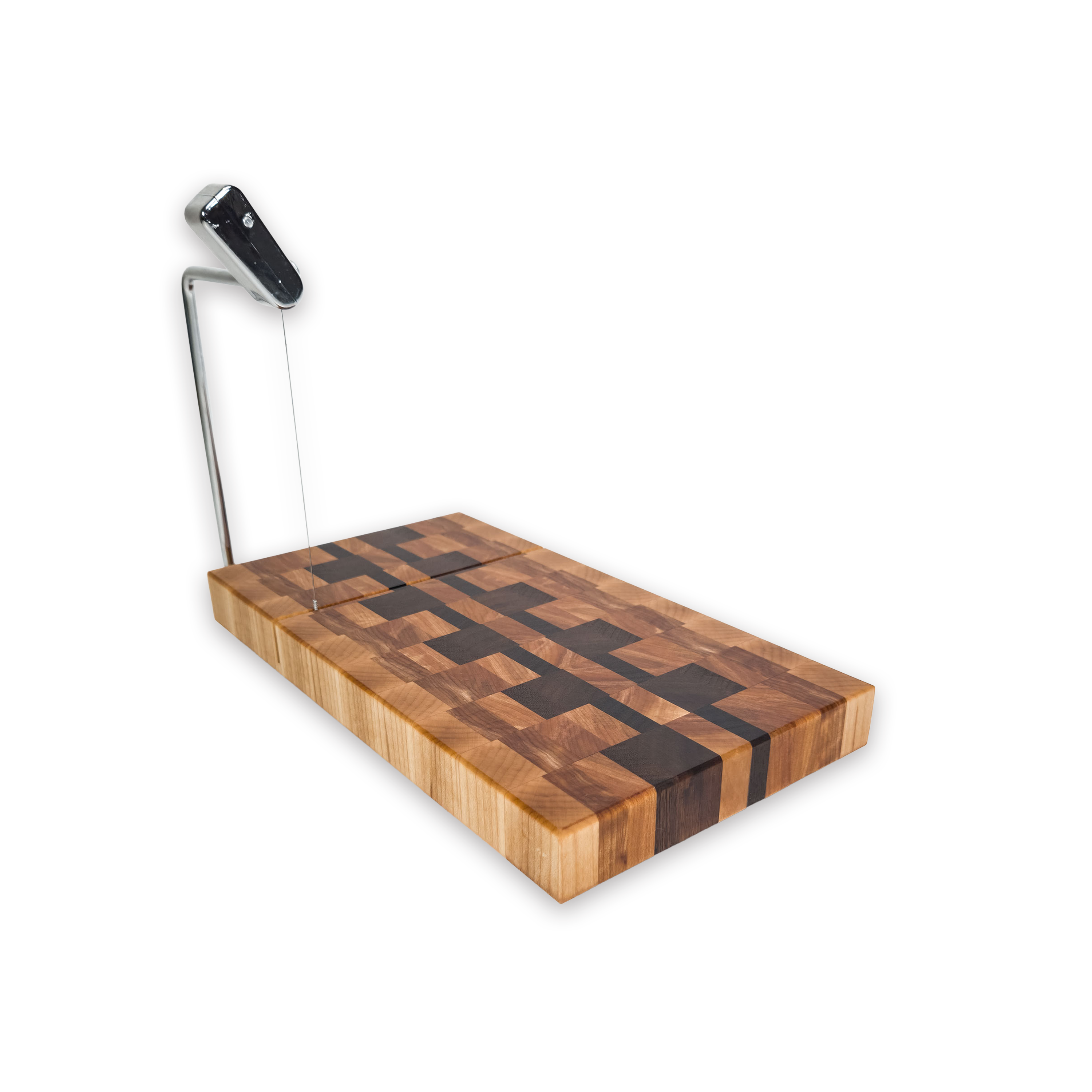 End grain maple, walnut & hickory cheese slicer board with wire cutter, oiled hardwood