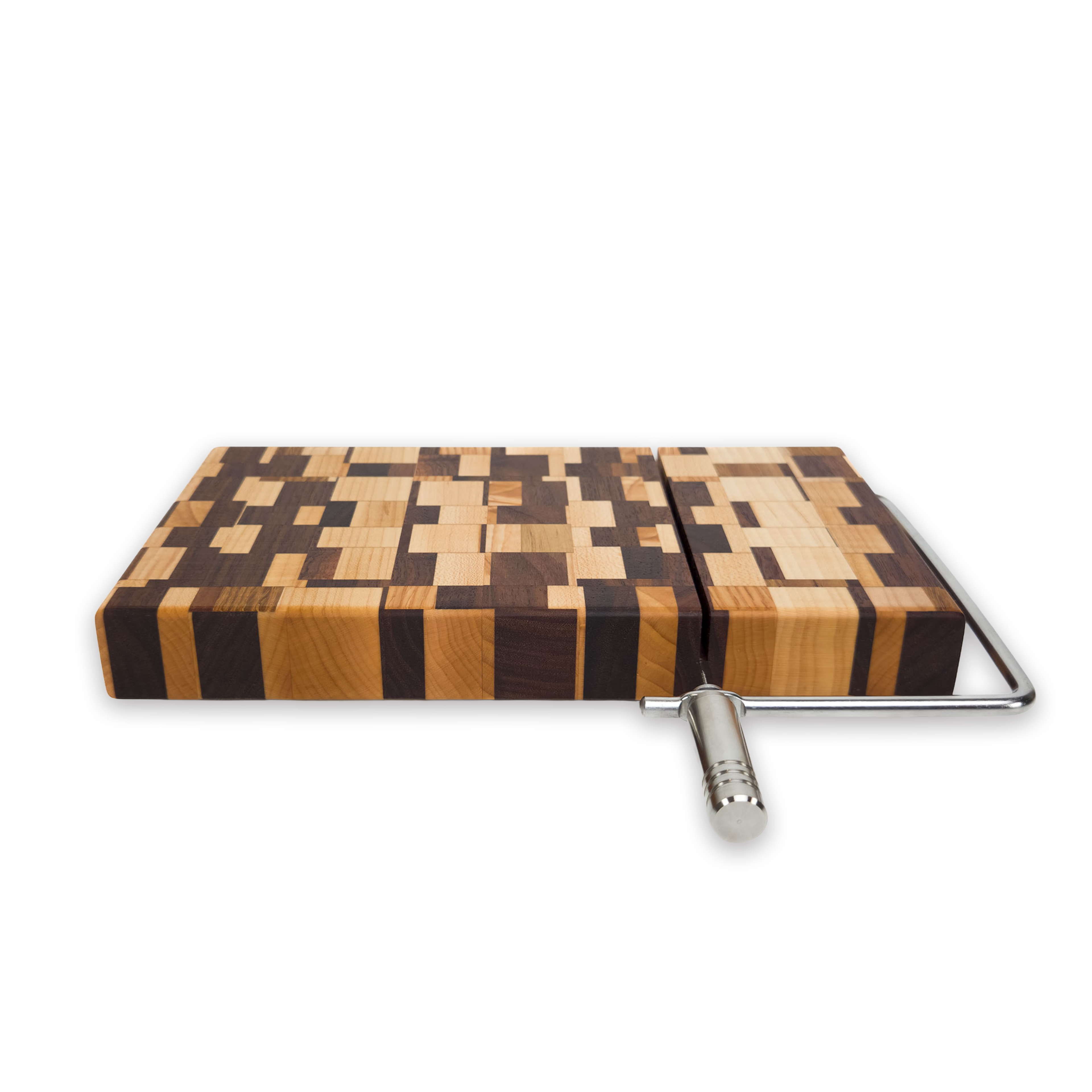 Edge grain maple & walnut cheese slicer board with wire cutter, oiled hardwood