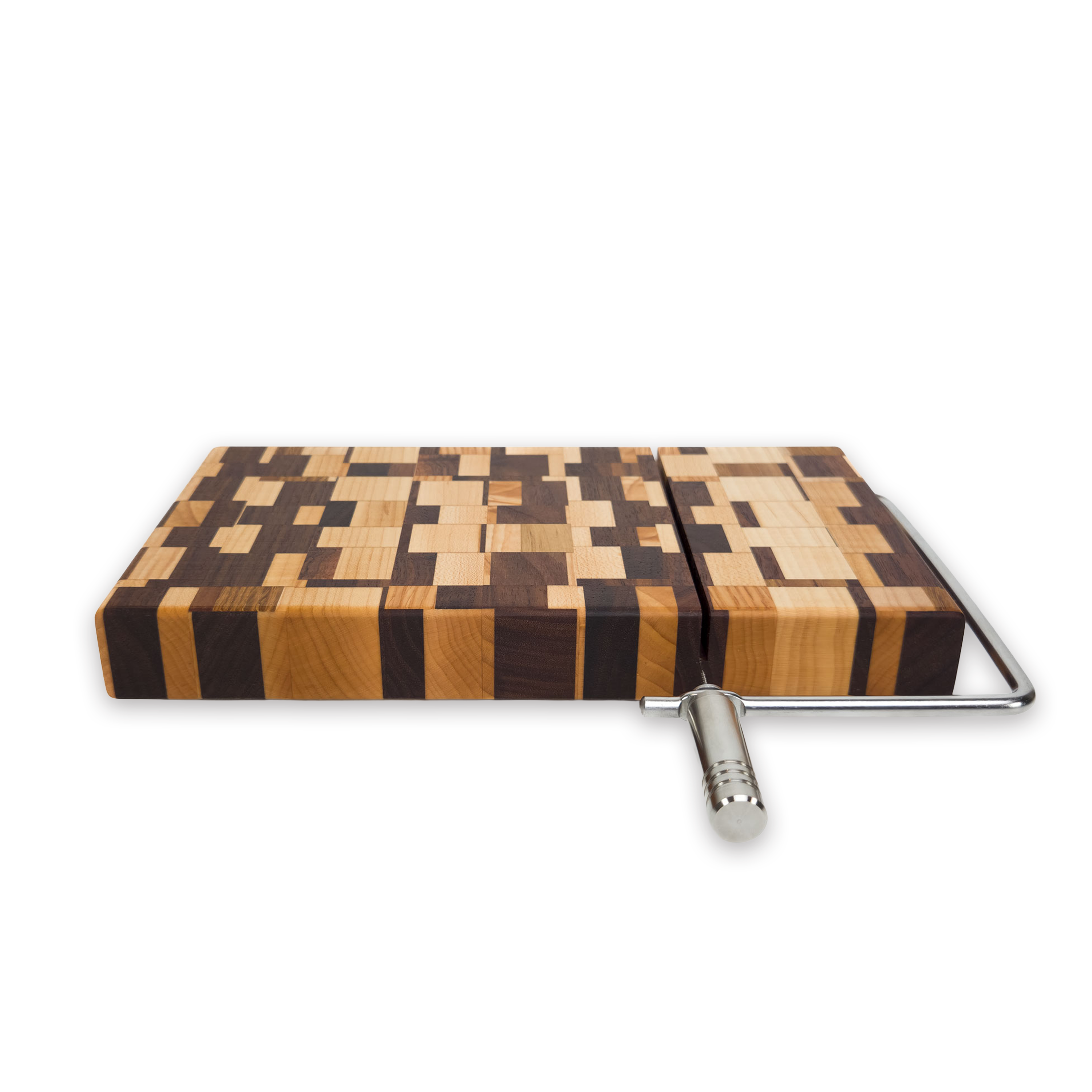 Edge grain maple & walnut cheese slicer board with wire cutter, oiled hardwood