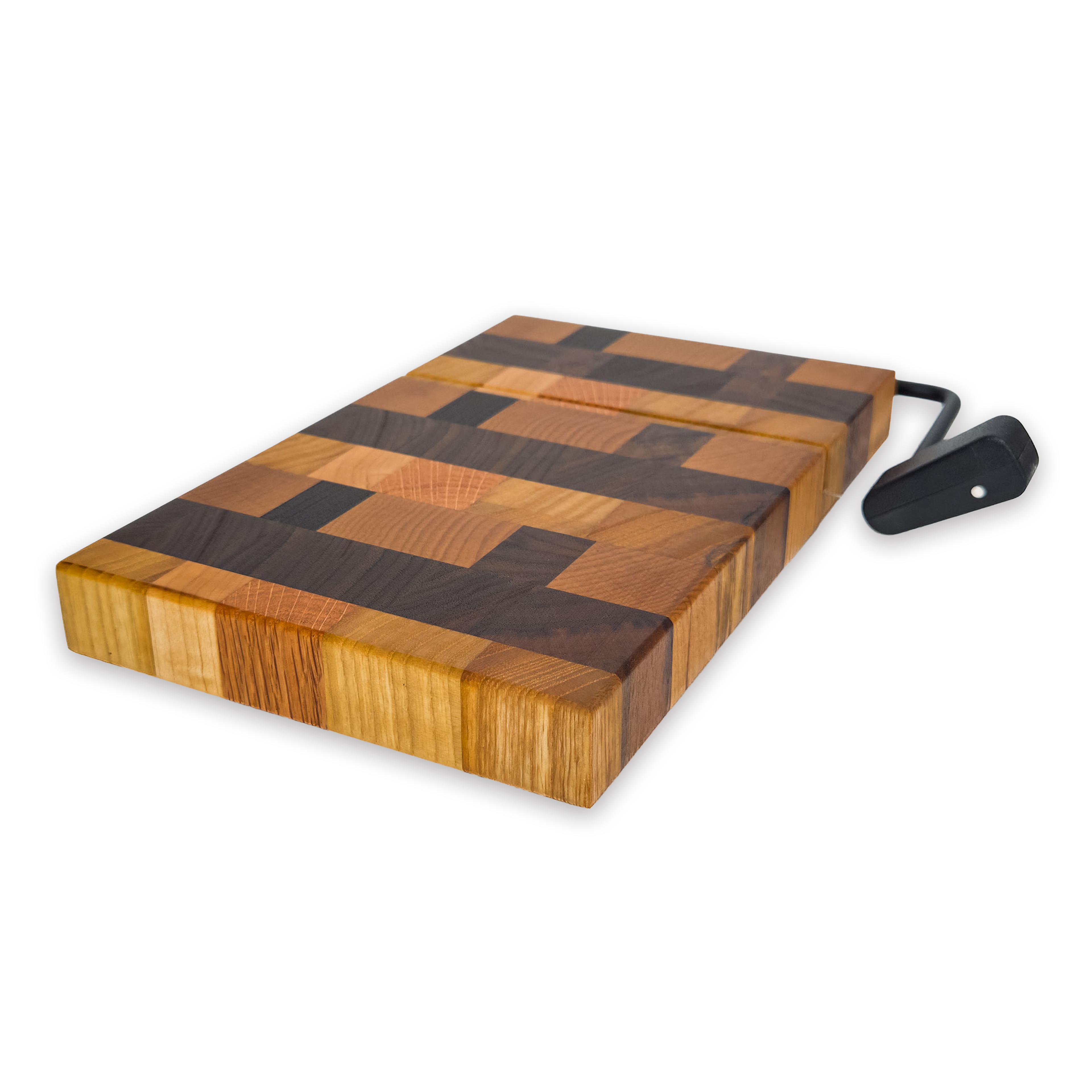 End grain oak, cherry & walnut cheese slicer board with wire cutter, oiled hardwood
