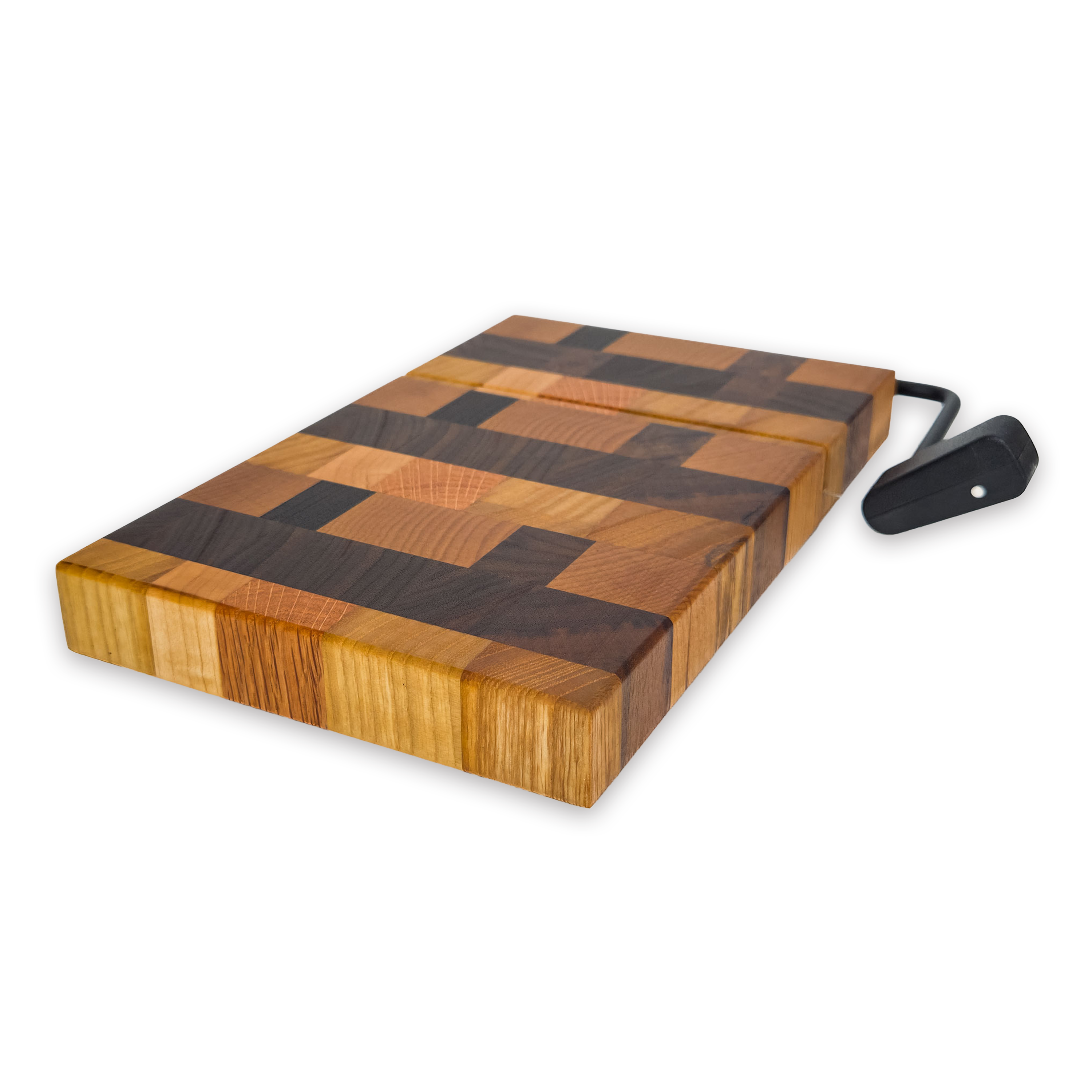 End grain oak, cherry & walnut cheese slicer board with wire cutter, oiled hardwood