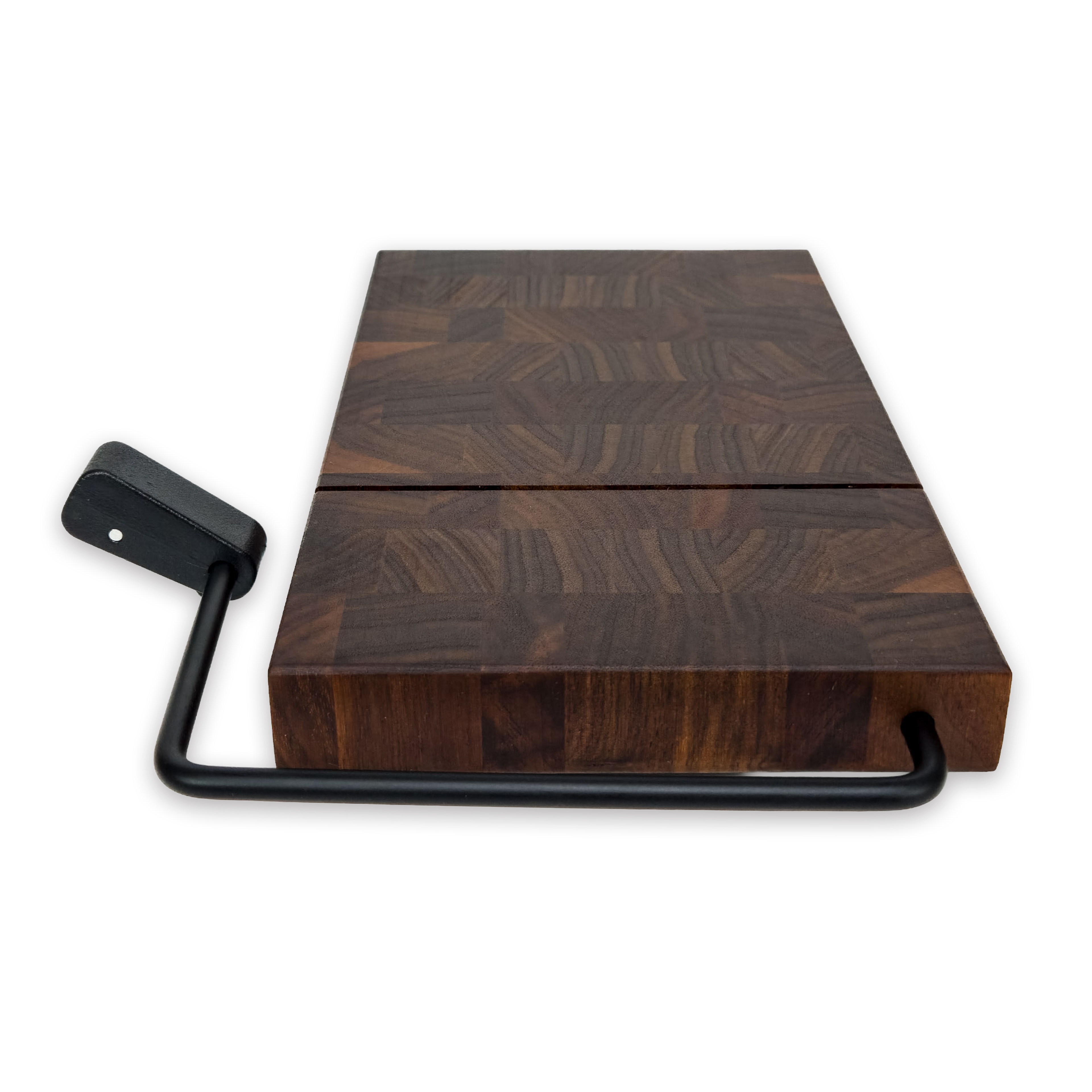 End grain solid walnut cheese slicer board with wire cutter, oiled hardwood