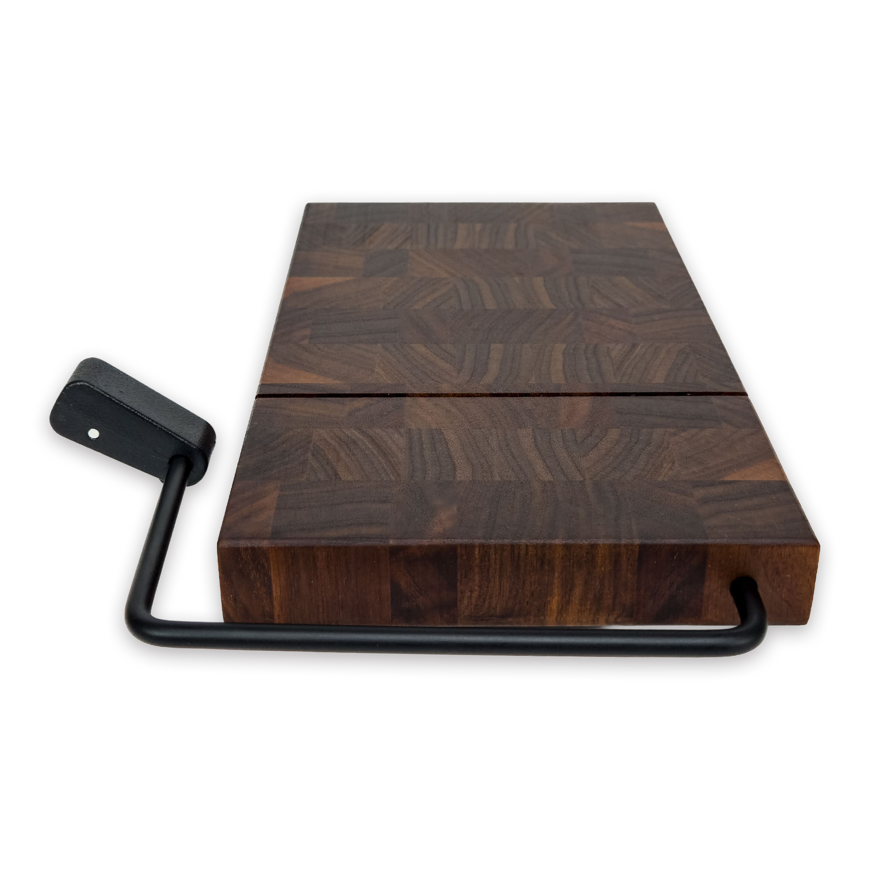 End grain solid walnut cheese slicer board with wire cutter, oiled hardwood