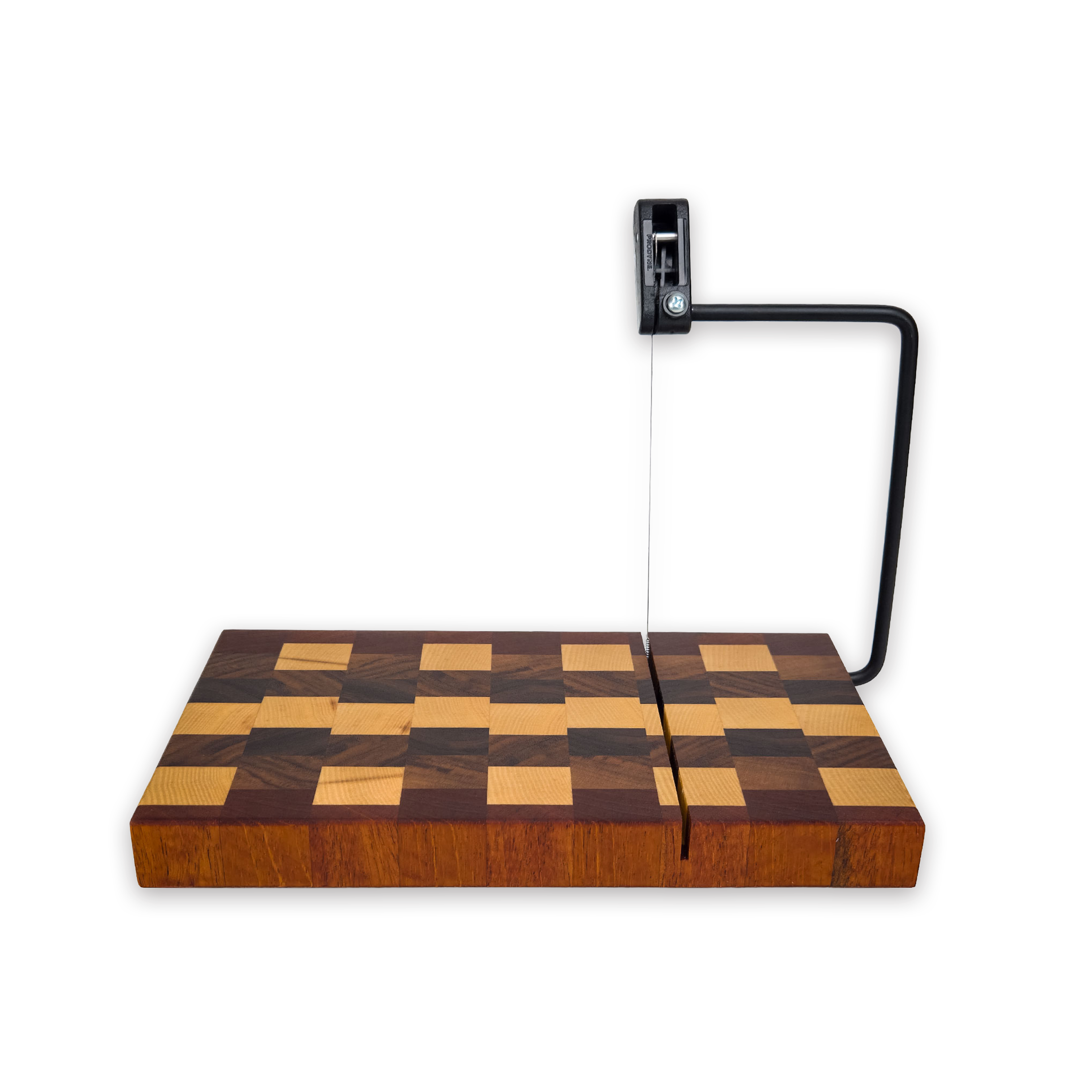 End grain maple, walnut & cherry cheese slicer board with wire cutter, oiled hardwood
