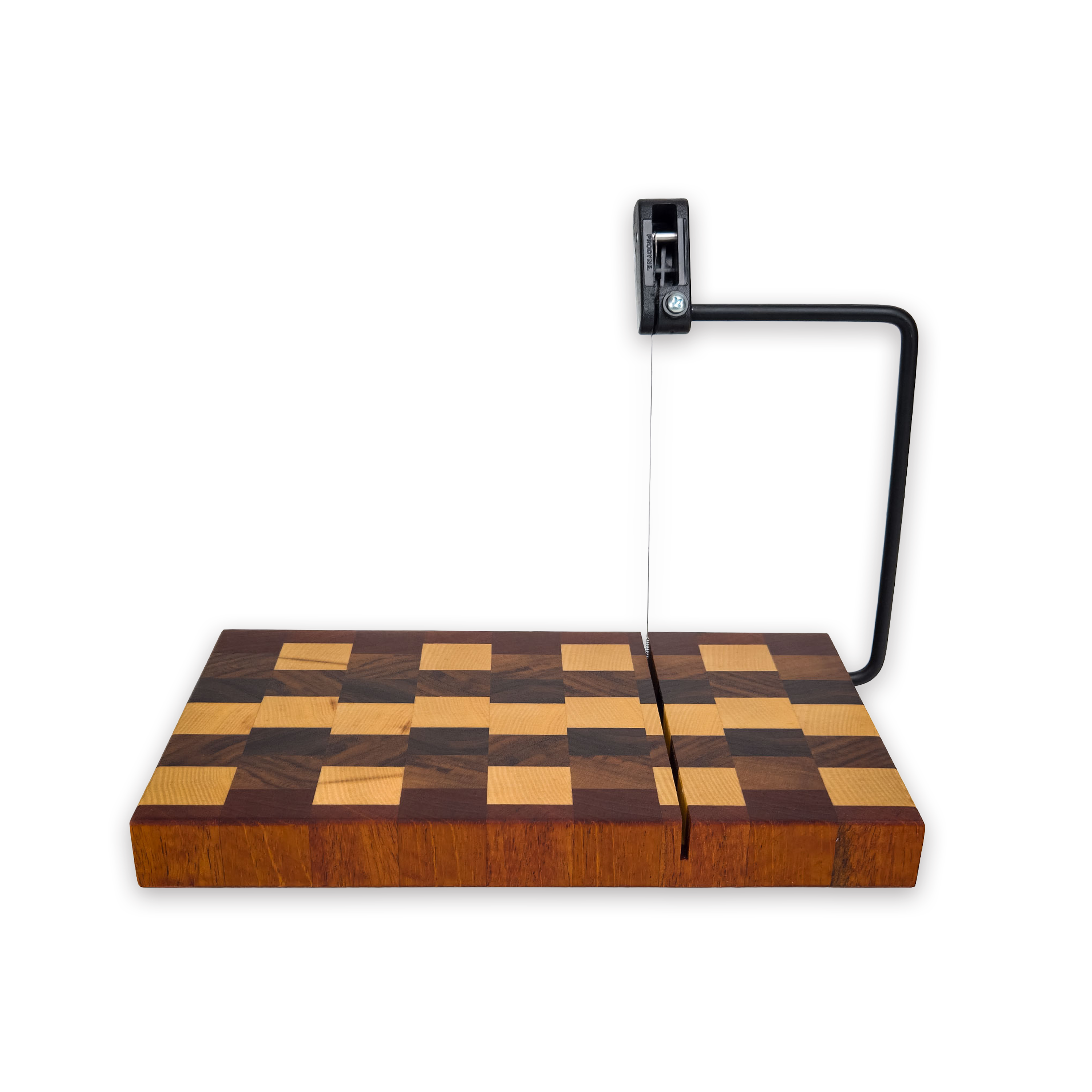 End grain maple, walnut & cherry cheese slicer board with wire cutter, oiled hardwood