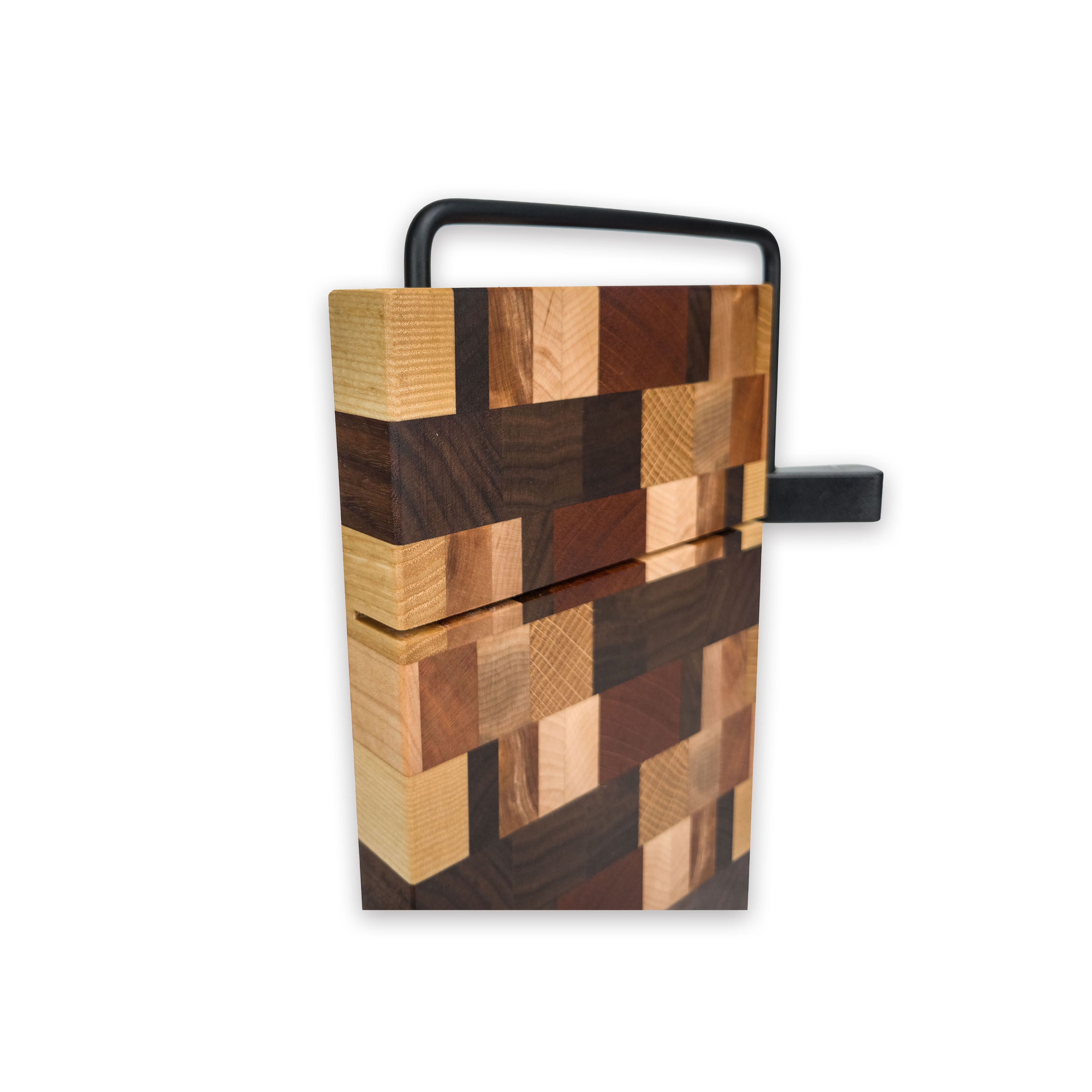 End grain dark mixed hardwood cheese slicer board with wire cutter, oiled hardwood