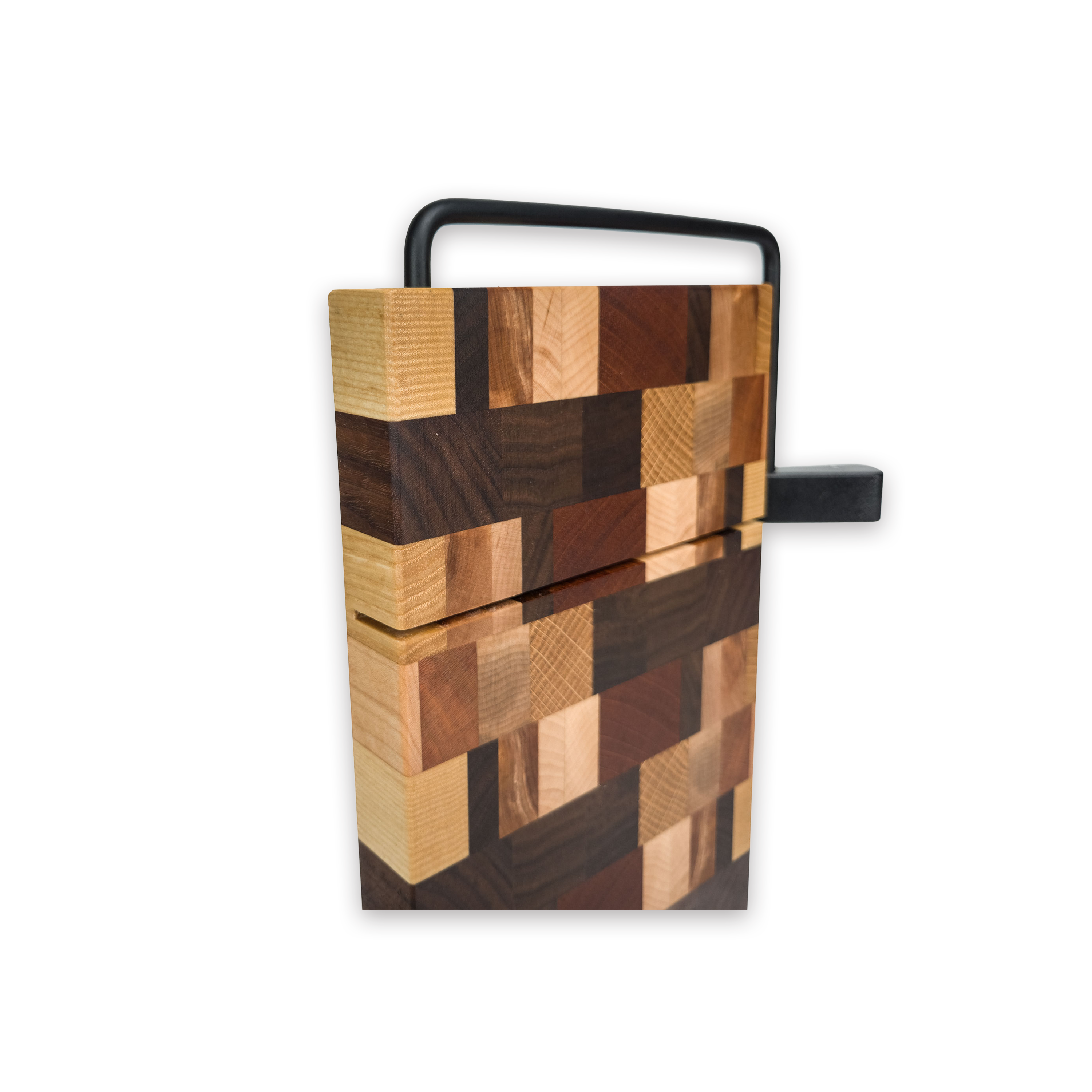 End grain dark mixed hardwood cheese slicer board with wire cutter, oiled hardwood