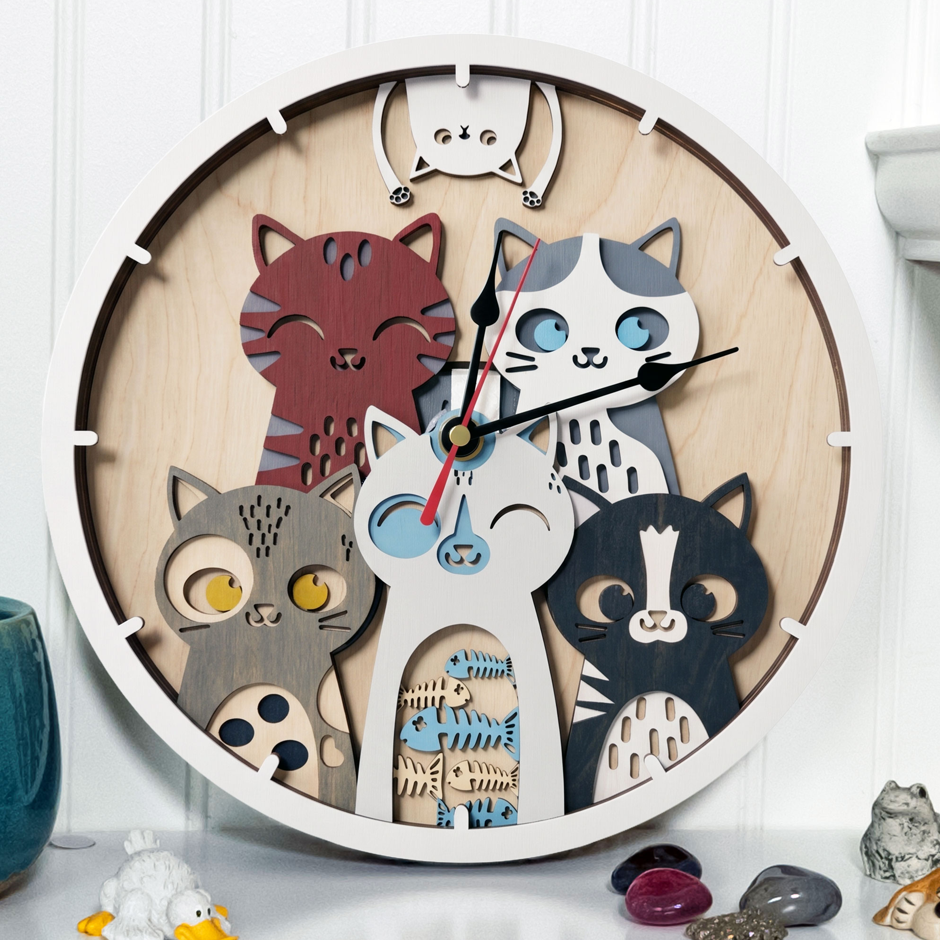 Multilayer 3D laser-cut cat wall clock wall art, Baltic Birch Plywood