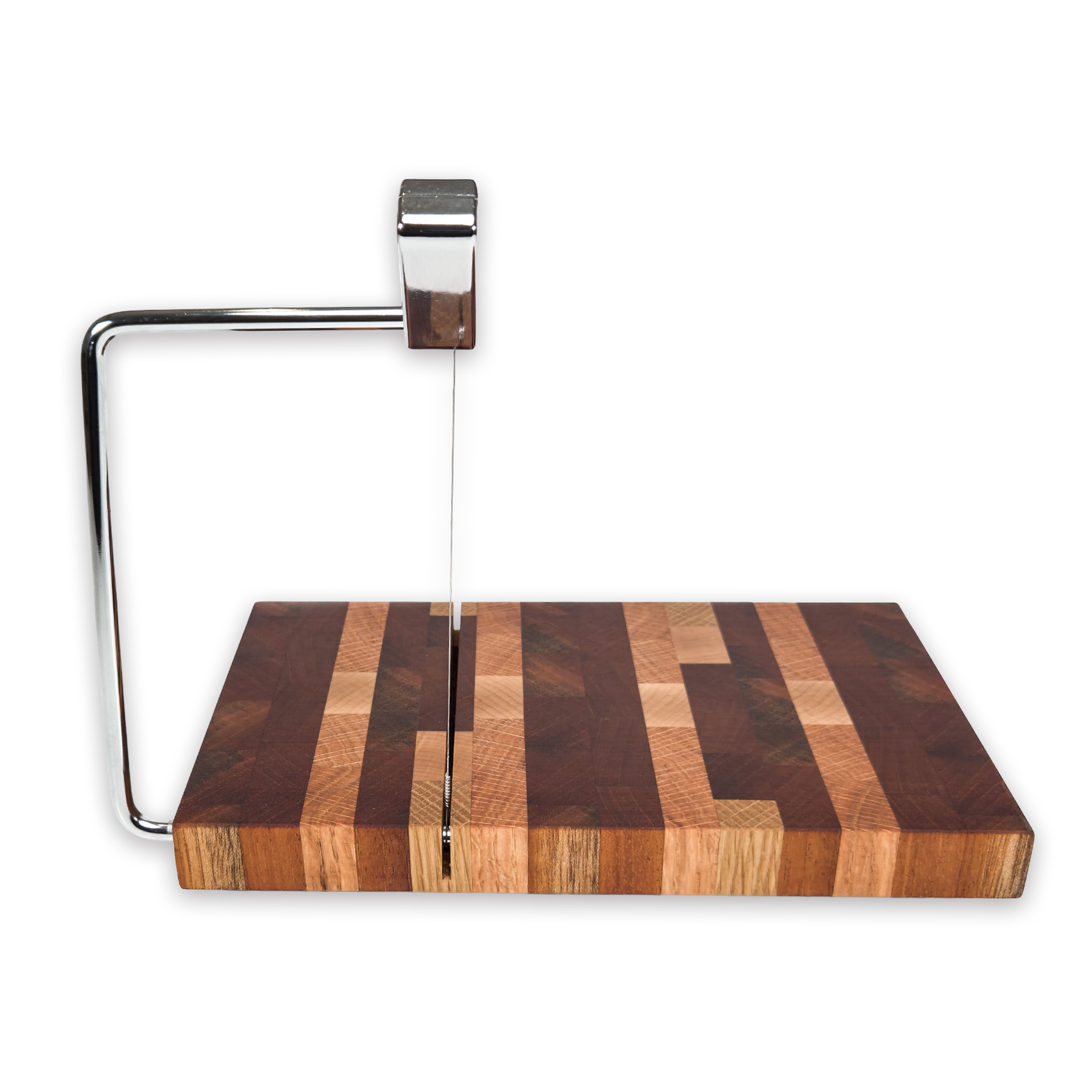 End grain oak, cherry & walnut cheese slicer board with wire cutter, oiled hardwood