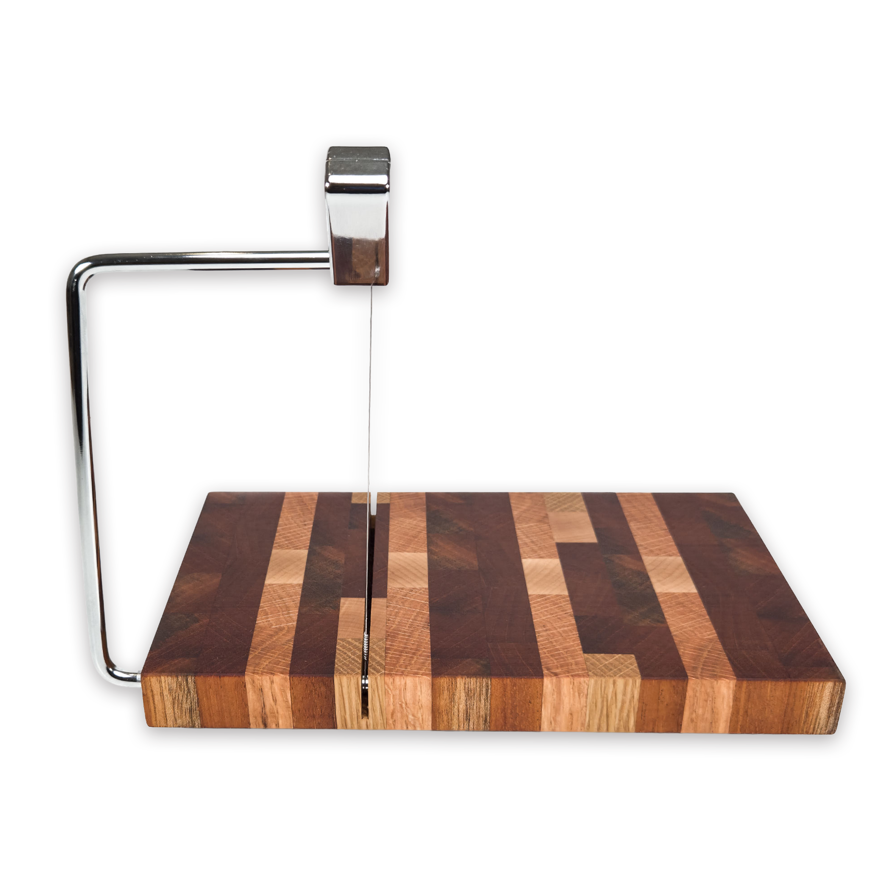 End grain oak, cherry & walnut cheese slicer board with wire cutter, oiled hardwood