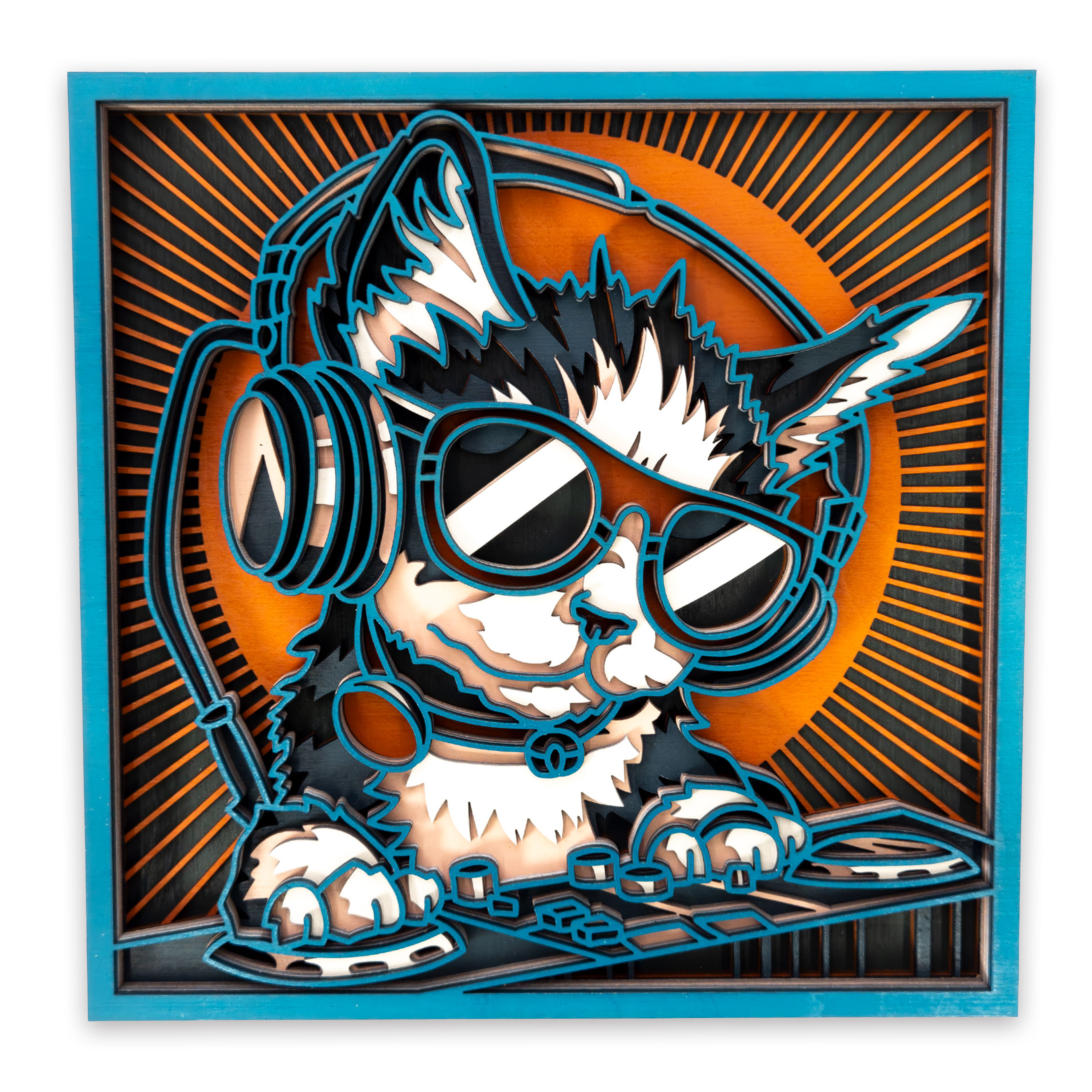 Multilayer 3D laser-cut dj cat wall art, Baltic Birch Plywood