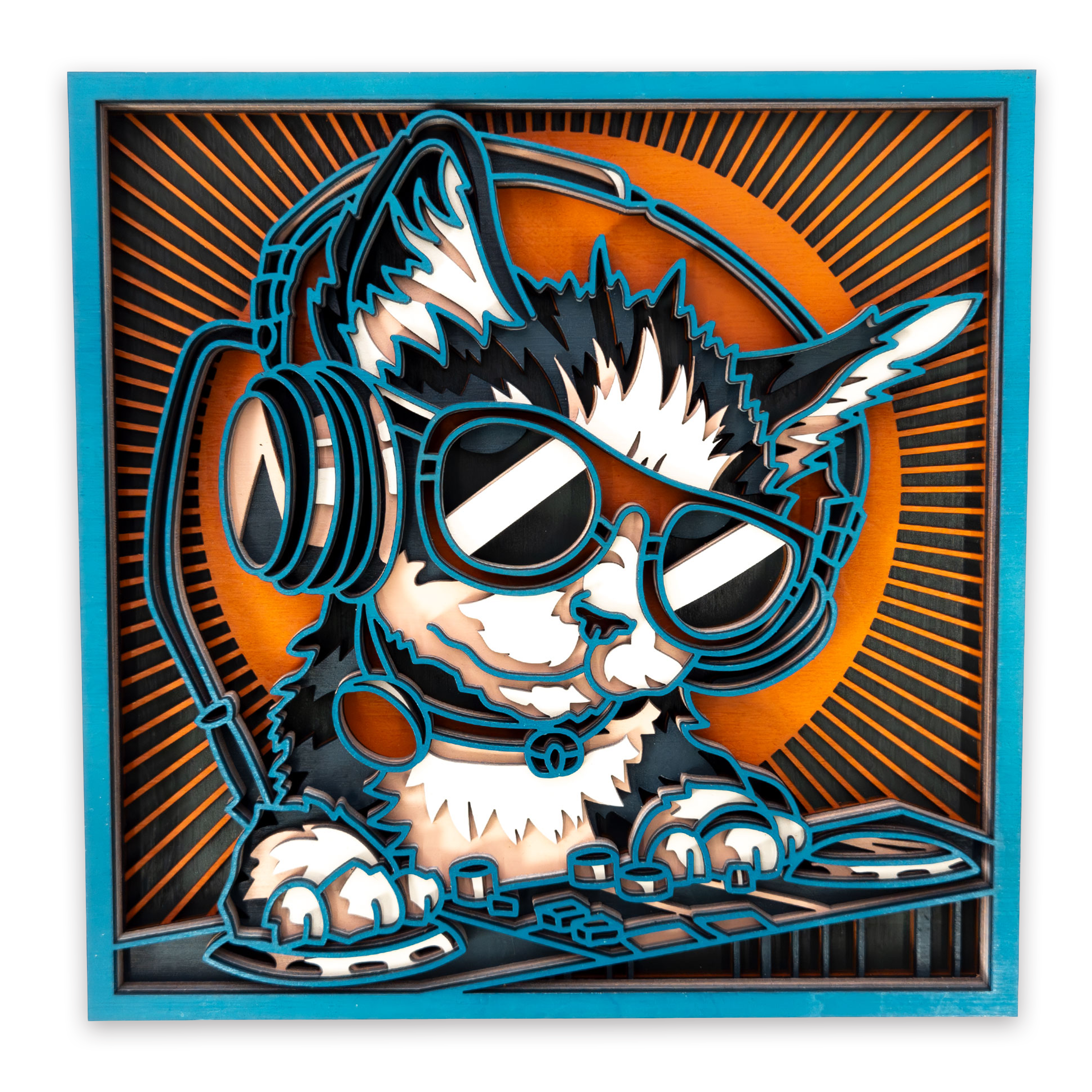 Multilayer 3D laser-cut dj cat wall art, Baltic Birch Plywood