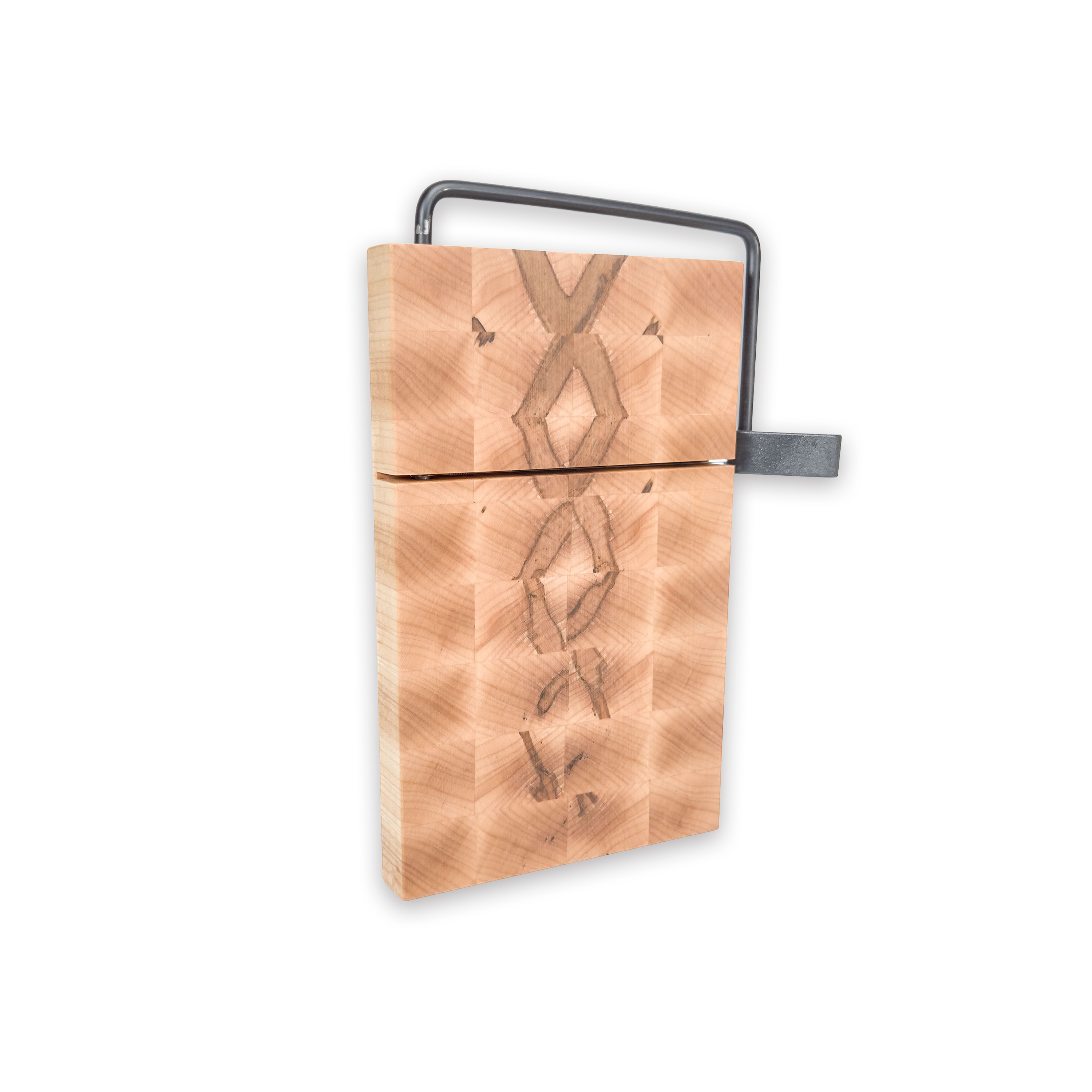 End grain spalted maple cheese slicer board with wire cutter, oiled hardwood