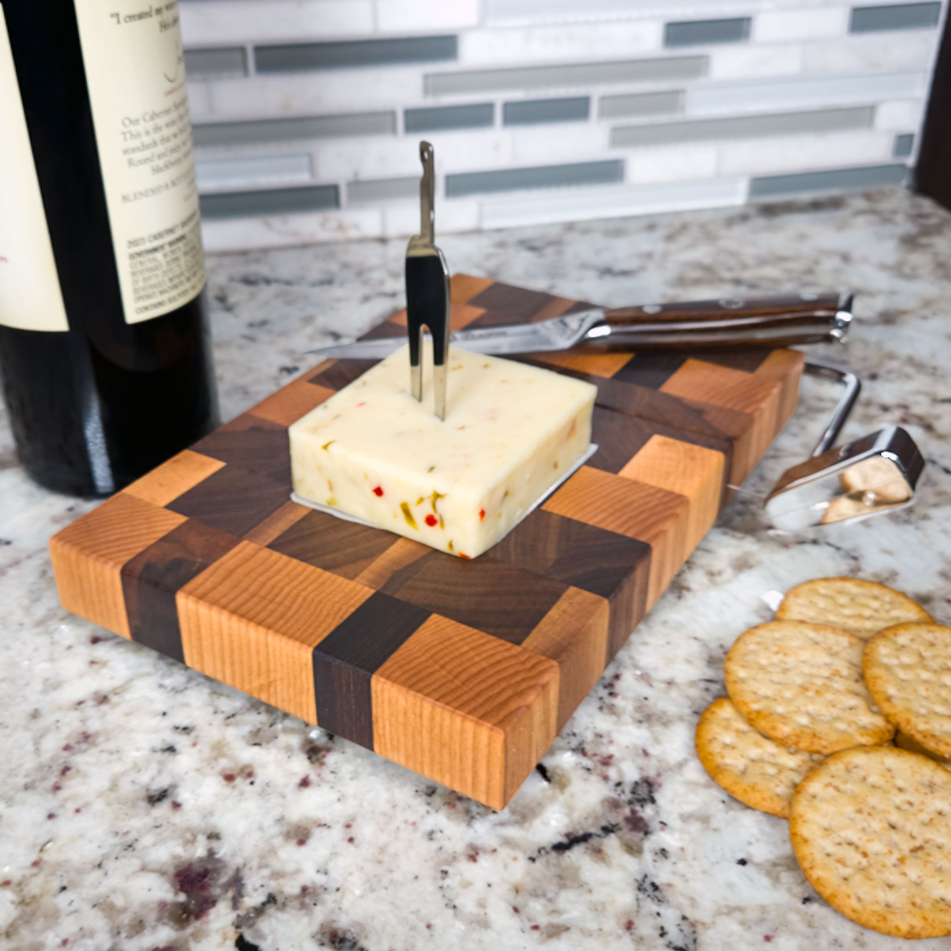 End grain oak, maple & walnut cheese slicer board with wire cutter, oiled hardwood