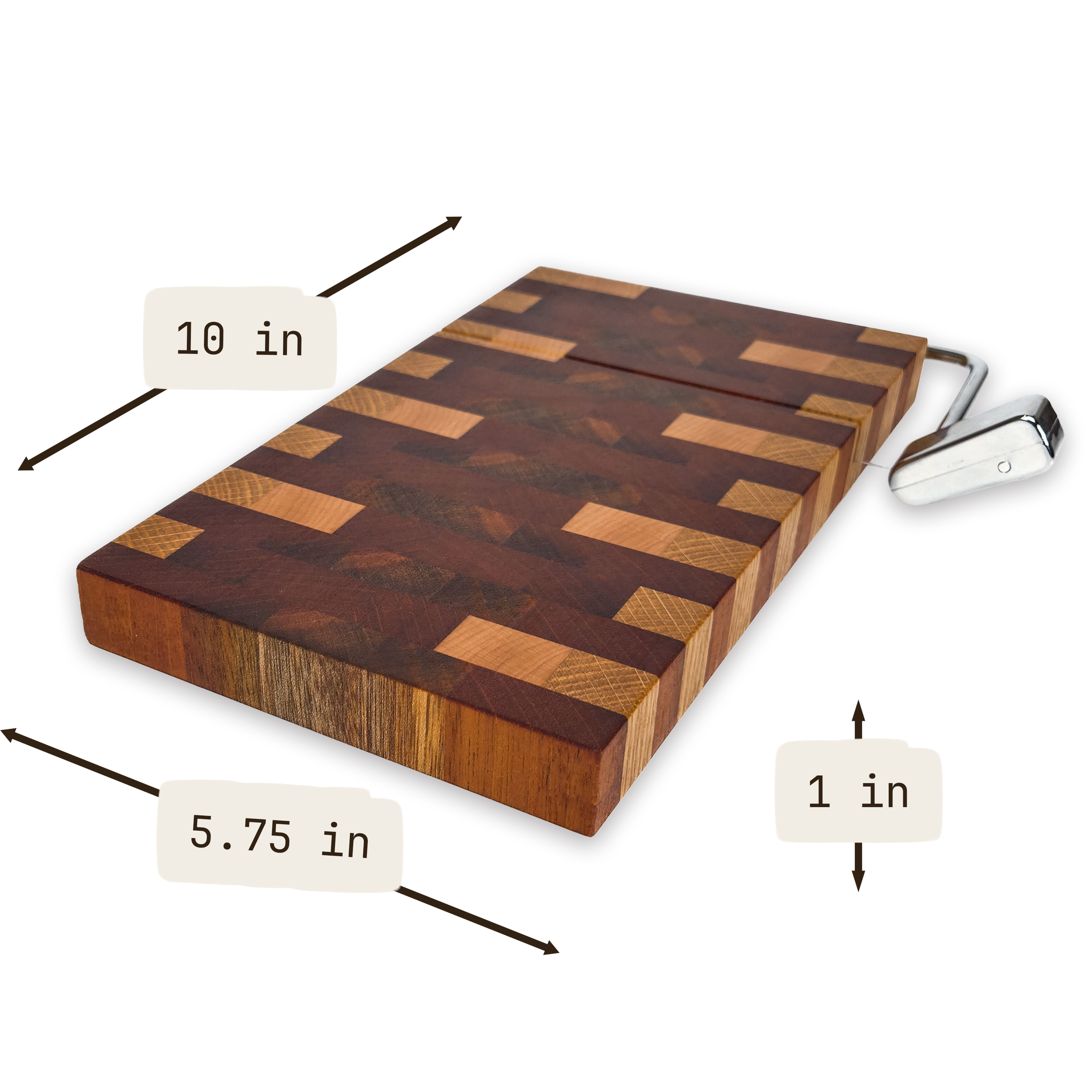 End grain oak, walnut & cherry mosaic cheese slicer board with wire cutter, oiled hardwood