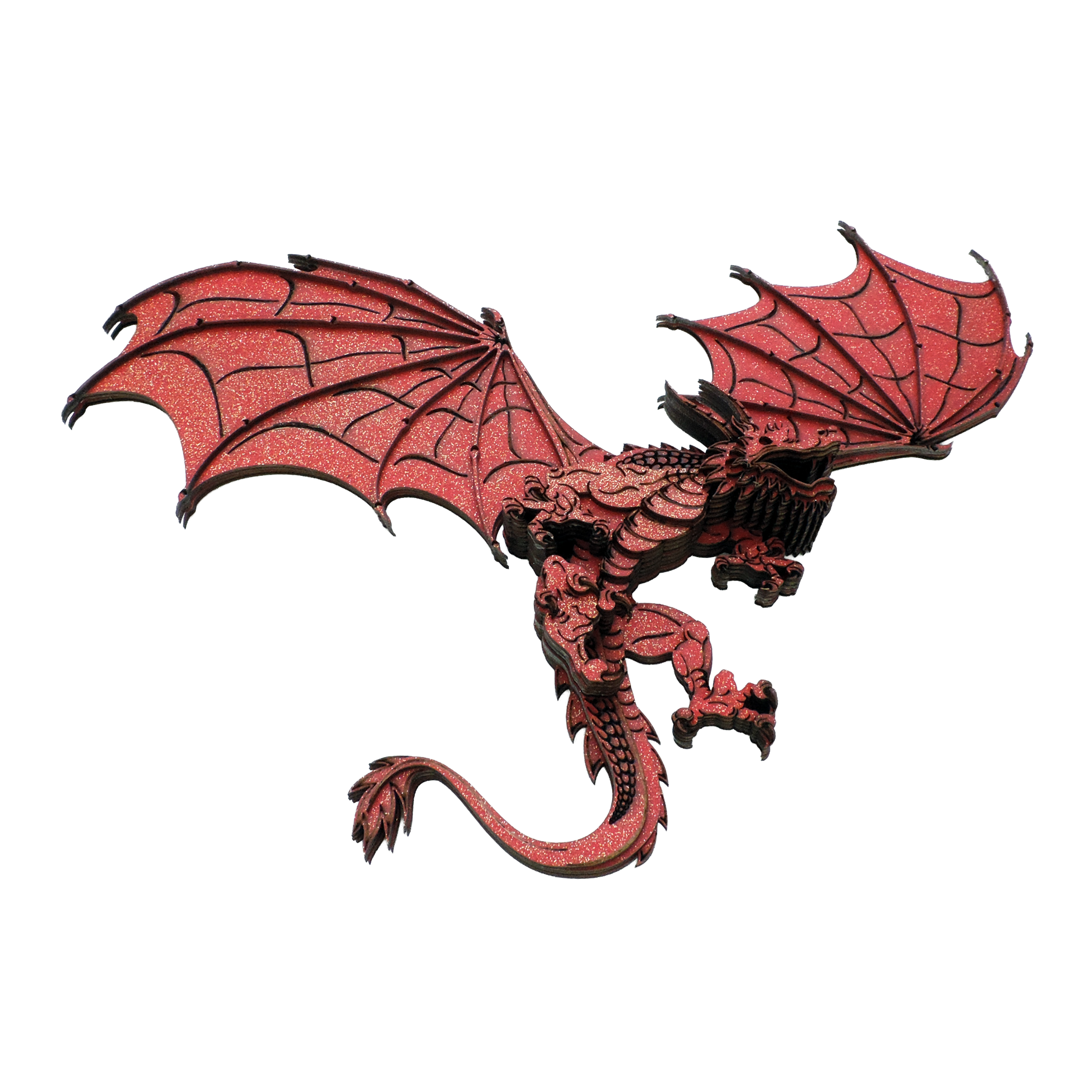 Multilayer 3D laser-cut red dragon wall art, Baltic Birch Plywood — red gold (15 × 10 in)