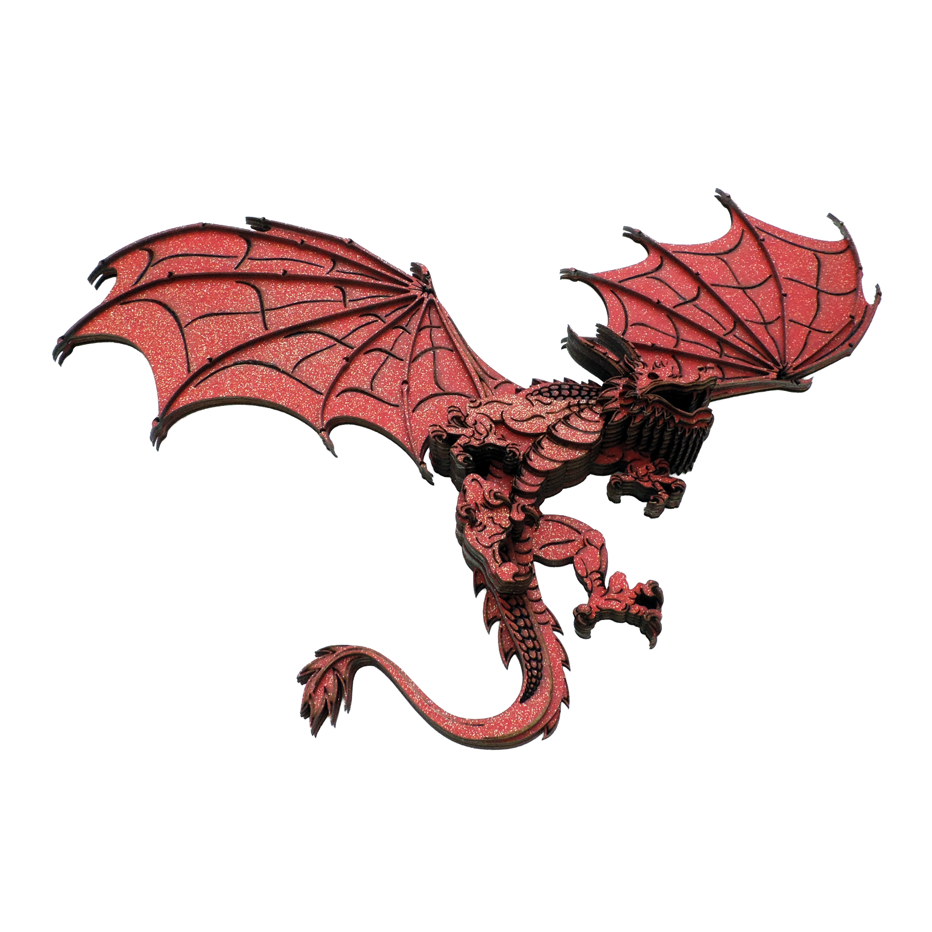 Multilayer 3D laser-cut red dragon wall art, Baltic Birch Plywood — red gold (15 × 10 in)