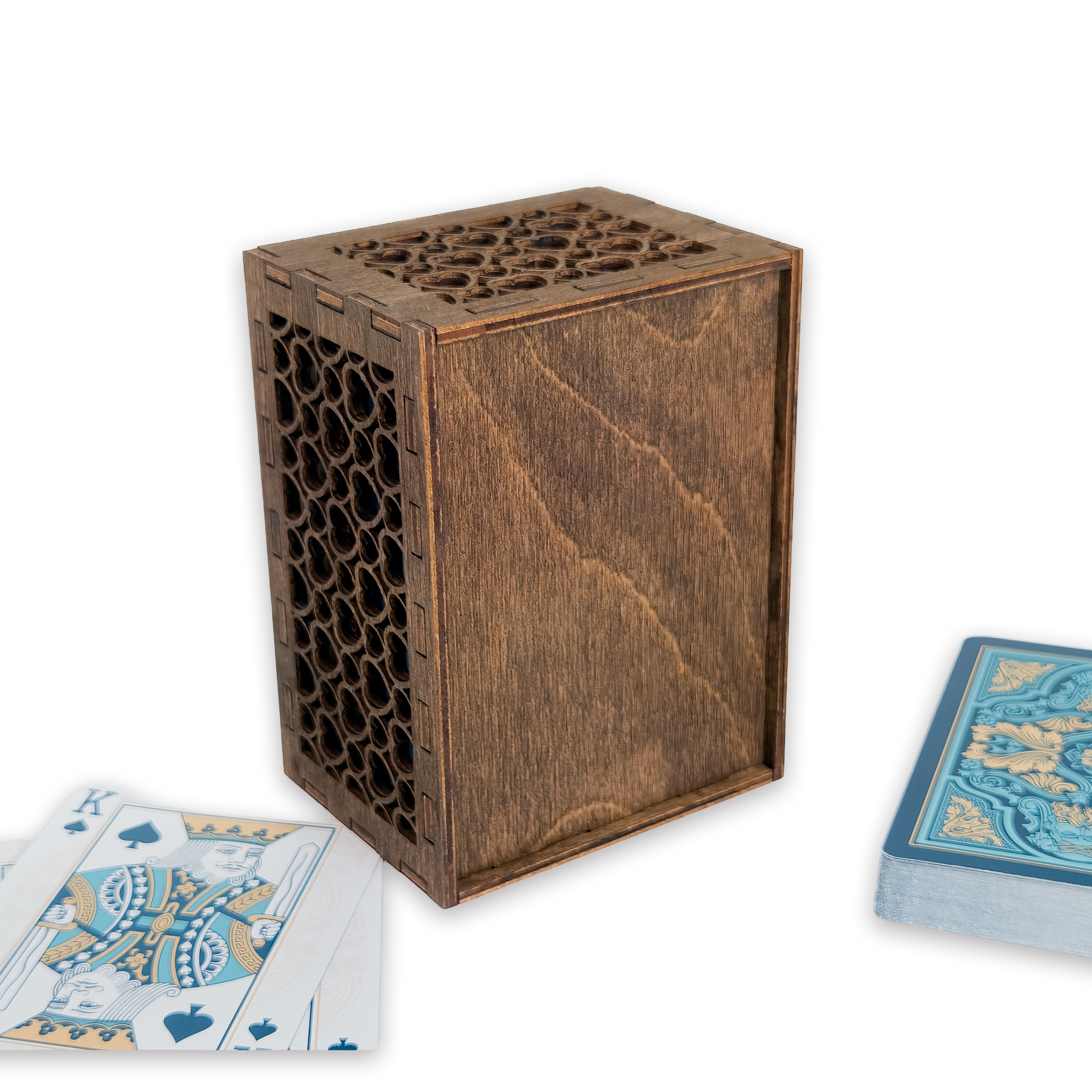 Laser-cut ace of hearts poker card box, walnut & maple birch plywood — blank (3 × 4 in)
