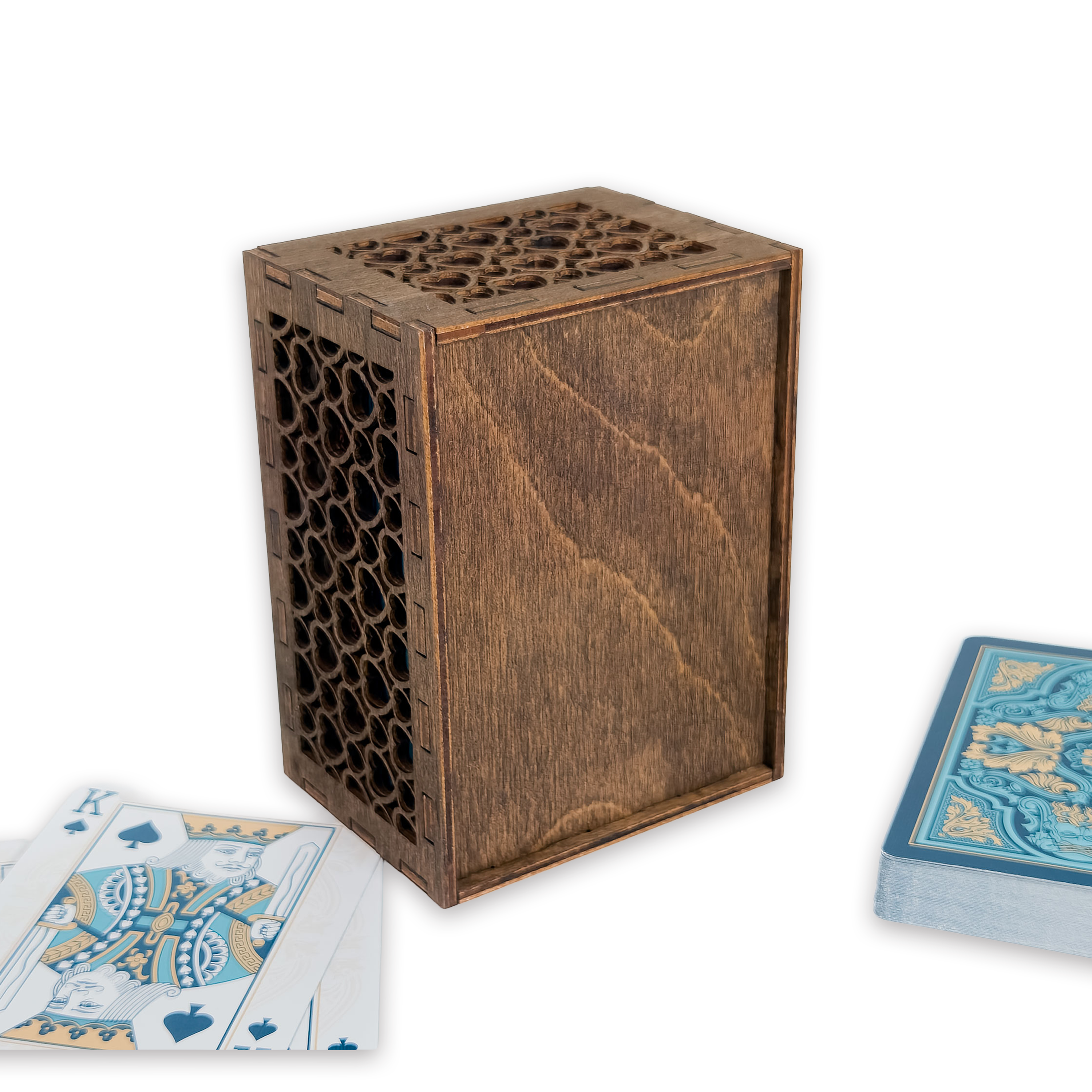 Laser-cut ace of hearts poker card box, walnut & maple birch plywood — blank (3 × 4 in)