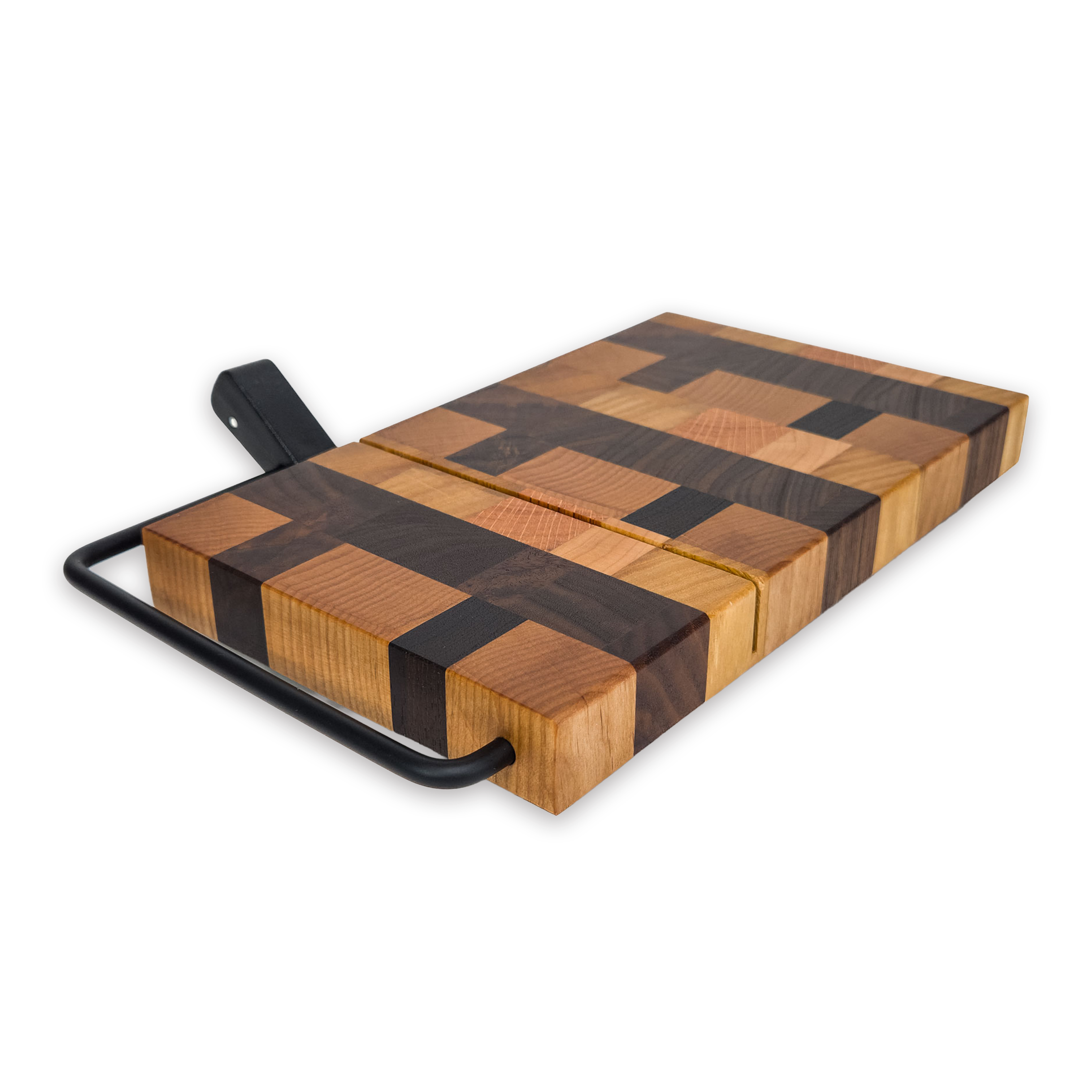 End grain oak, cherry & walnut cheese slicer board with wire cutter, oiled hardwood