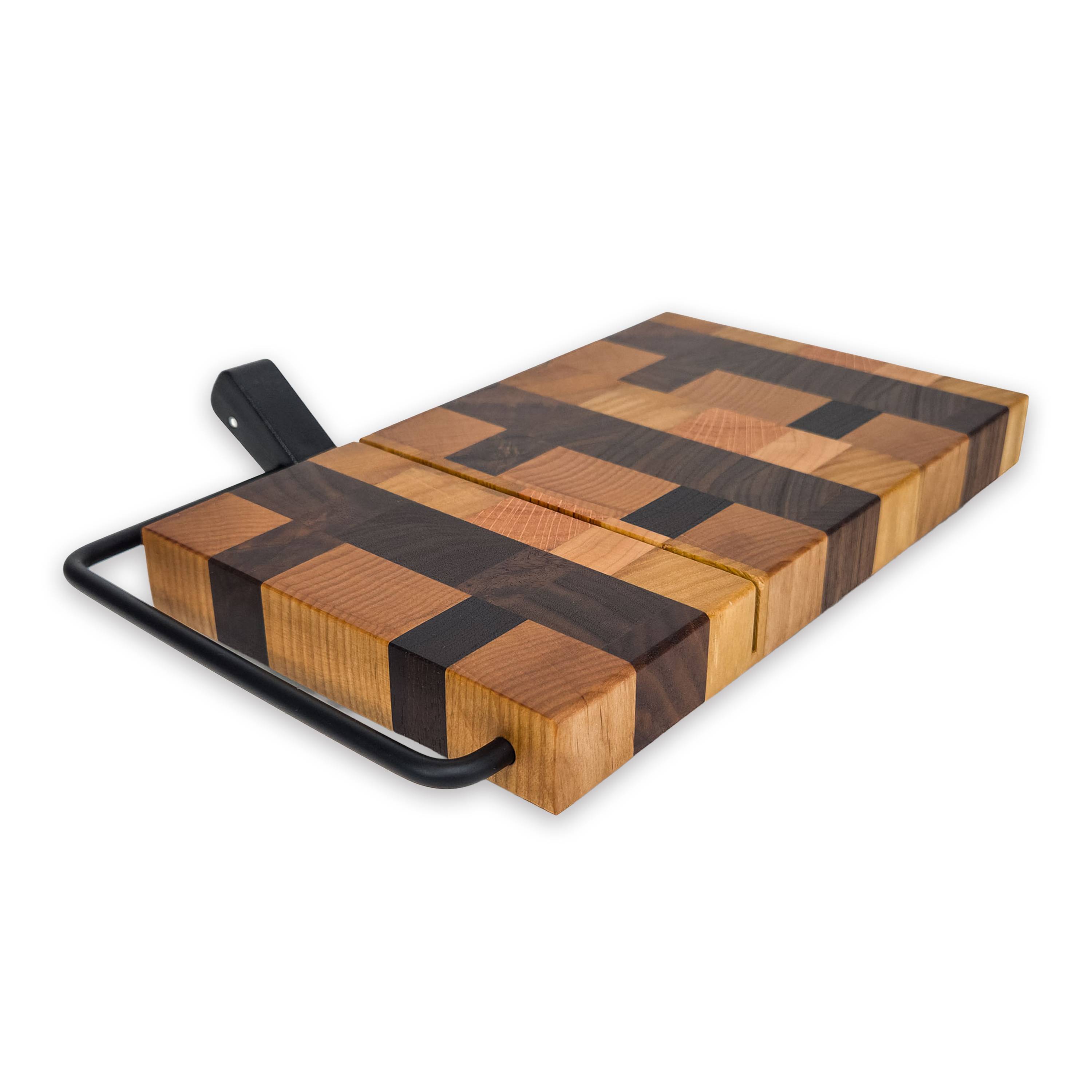 End grain oak, cherry & walnut cheese slicer board with wire cutter, oiled hardwood