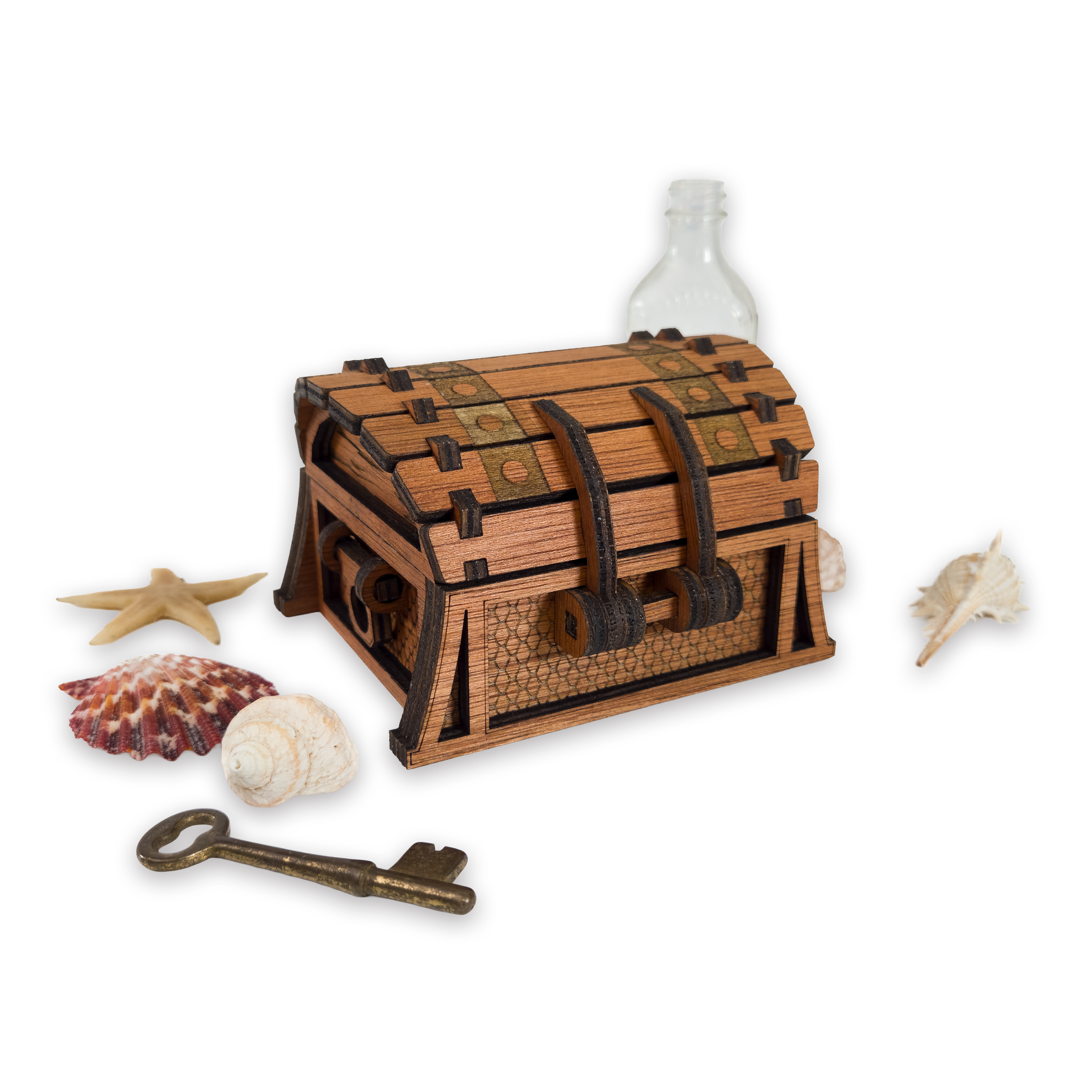 Laser-cut fantasy treasure chest, cherry-finished birch plywood