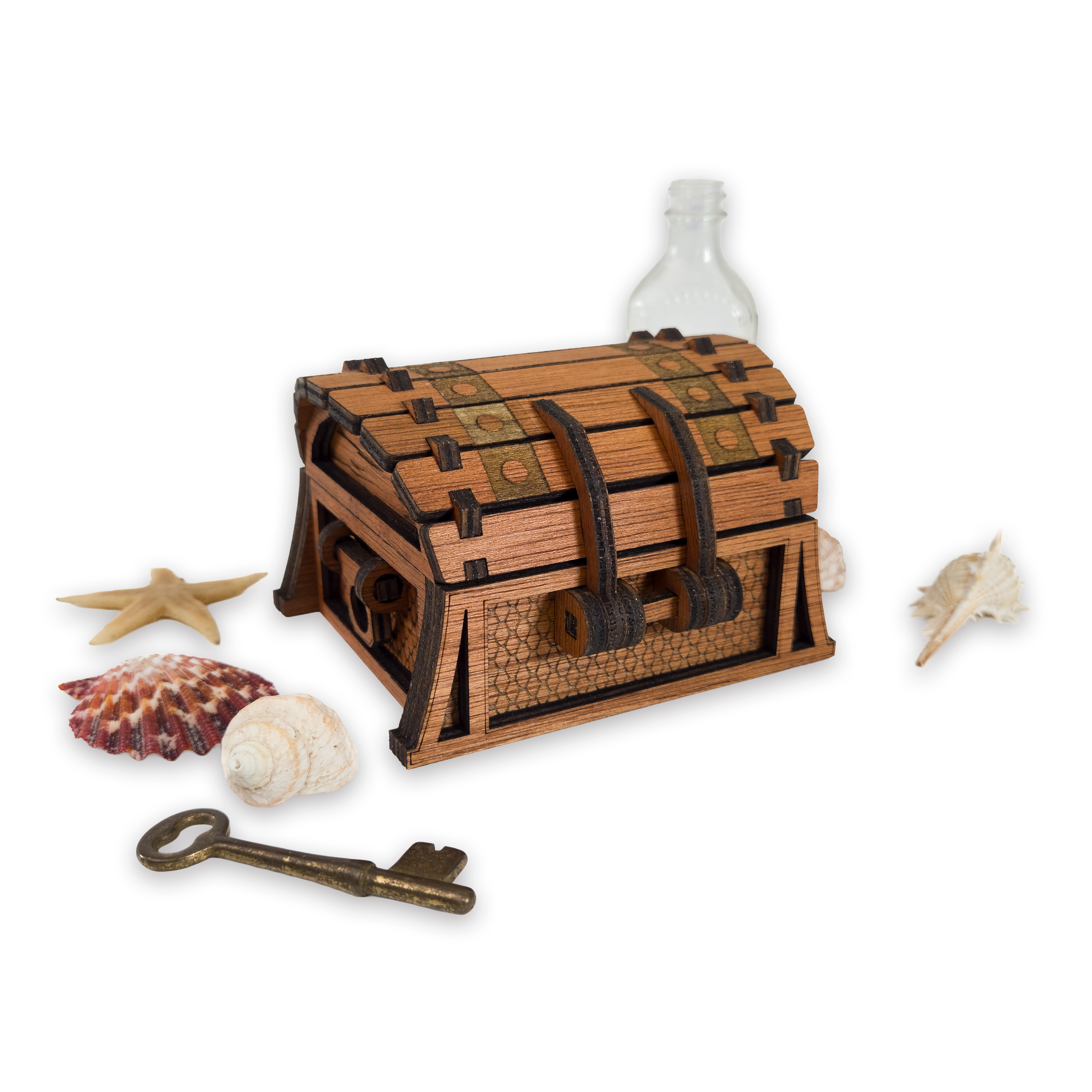 Laser-cut fantasy treasure chest, cherry-finished birch plywood
