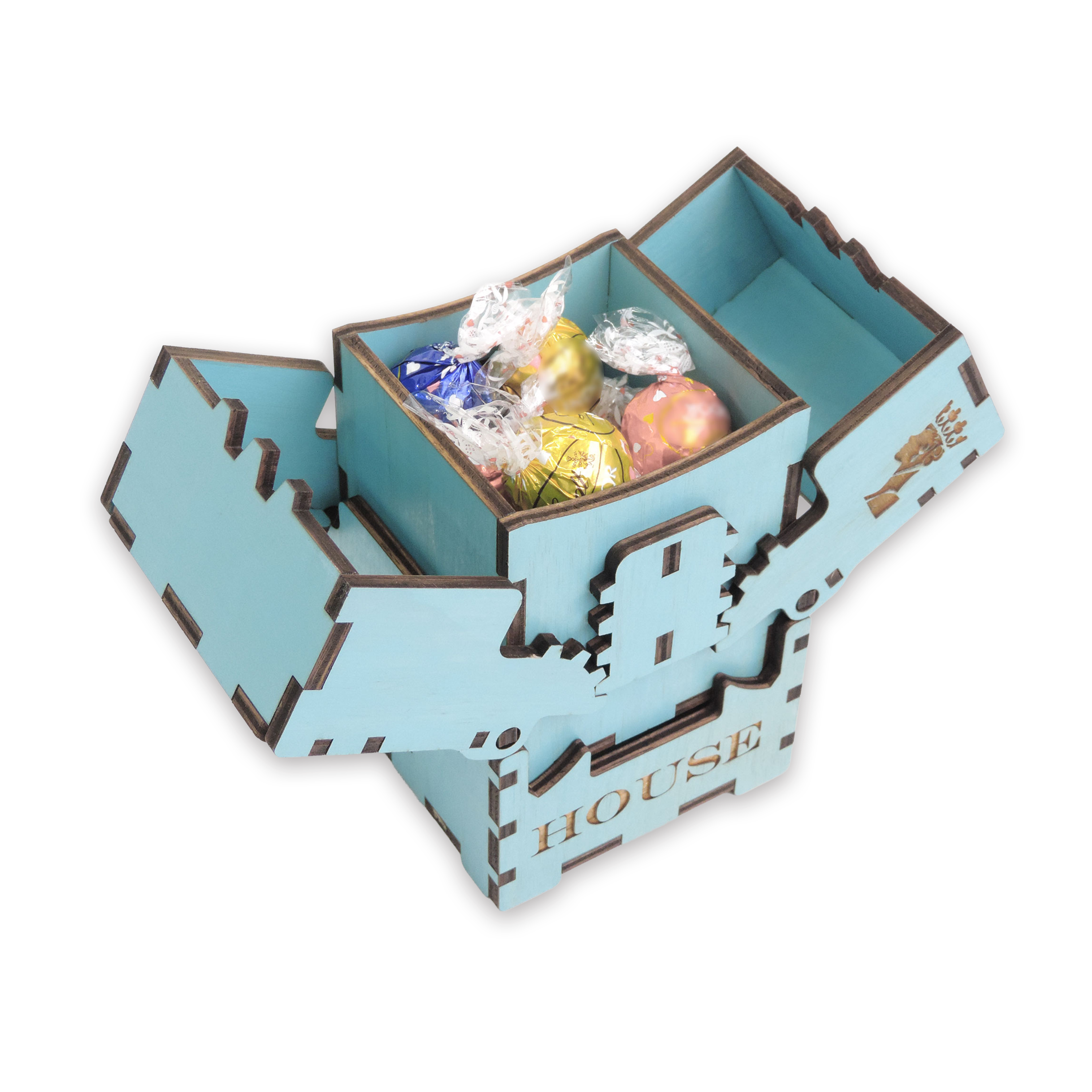 Laser-cut queen box, turquoise-painted birch plywood