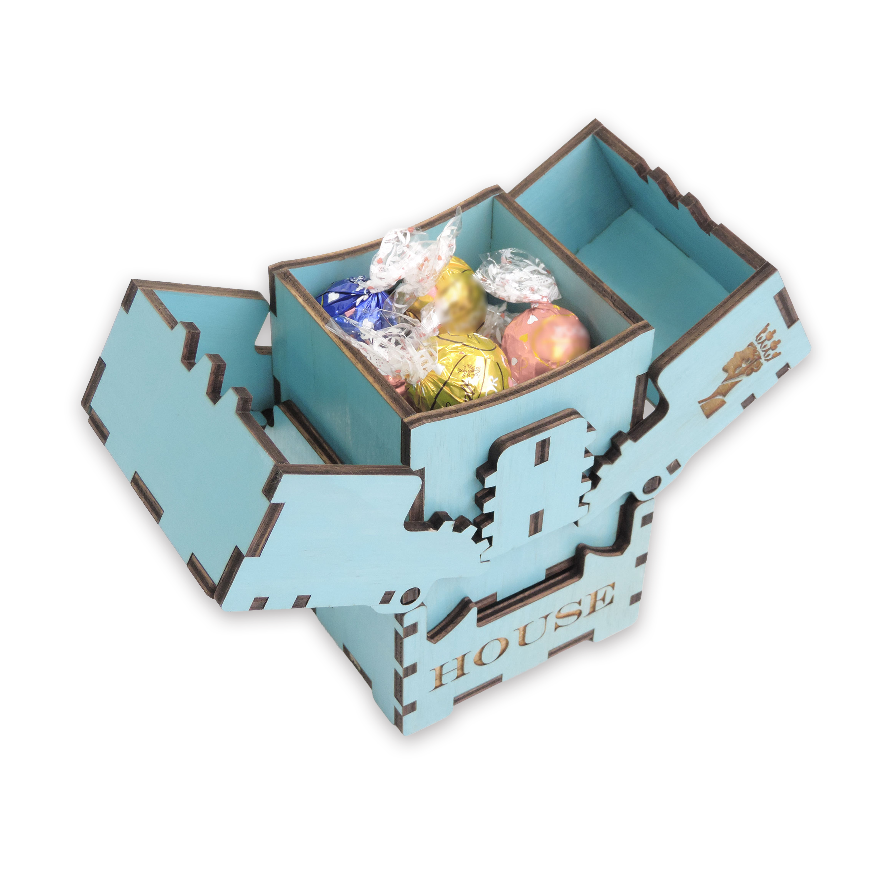 Laser-cut queen box, turquoise-painted birch plywood