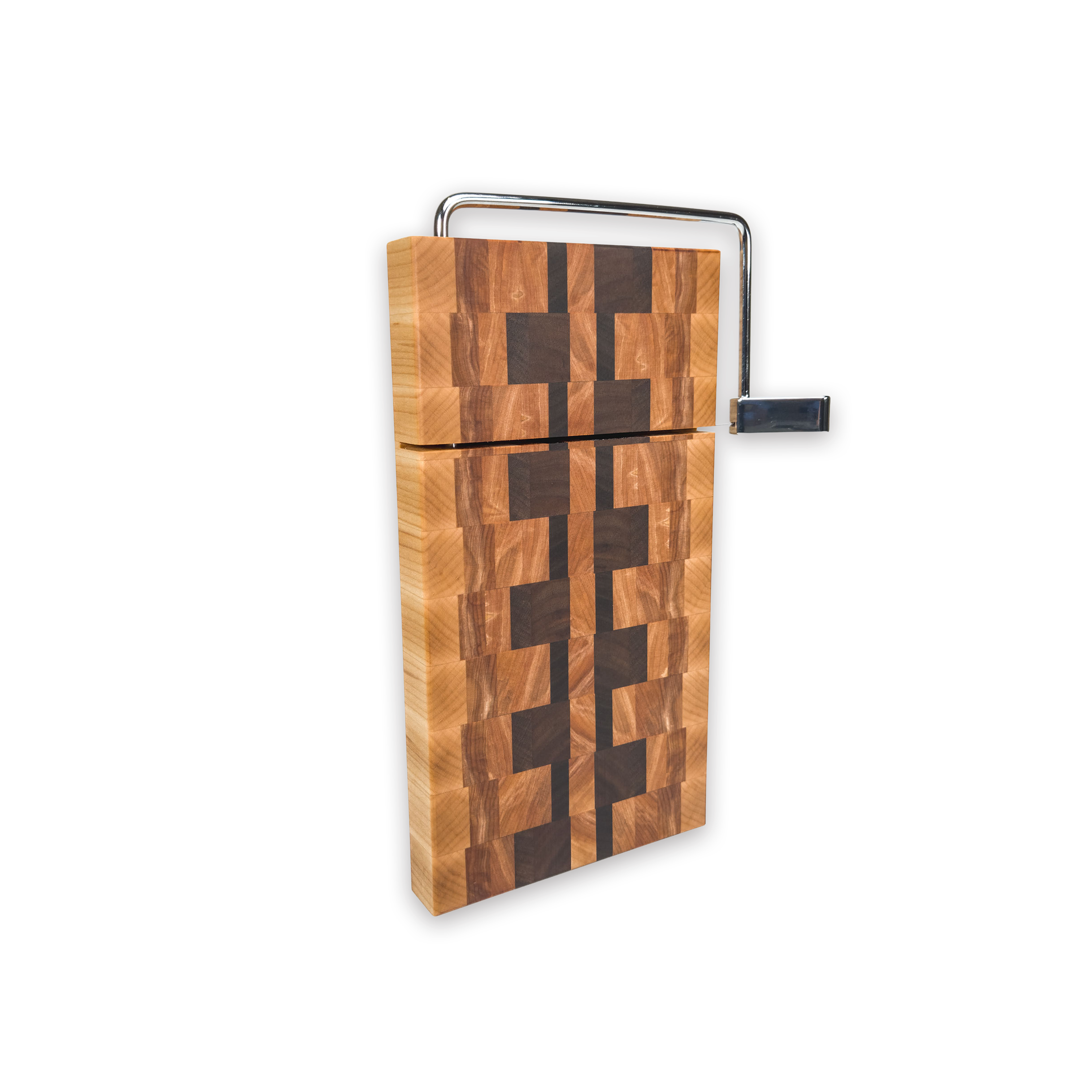 End grain maple, walnut & hickory cheese slicer board with wire cutter, oiled hardwood