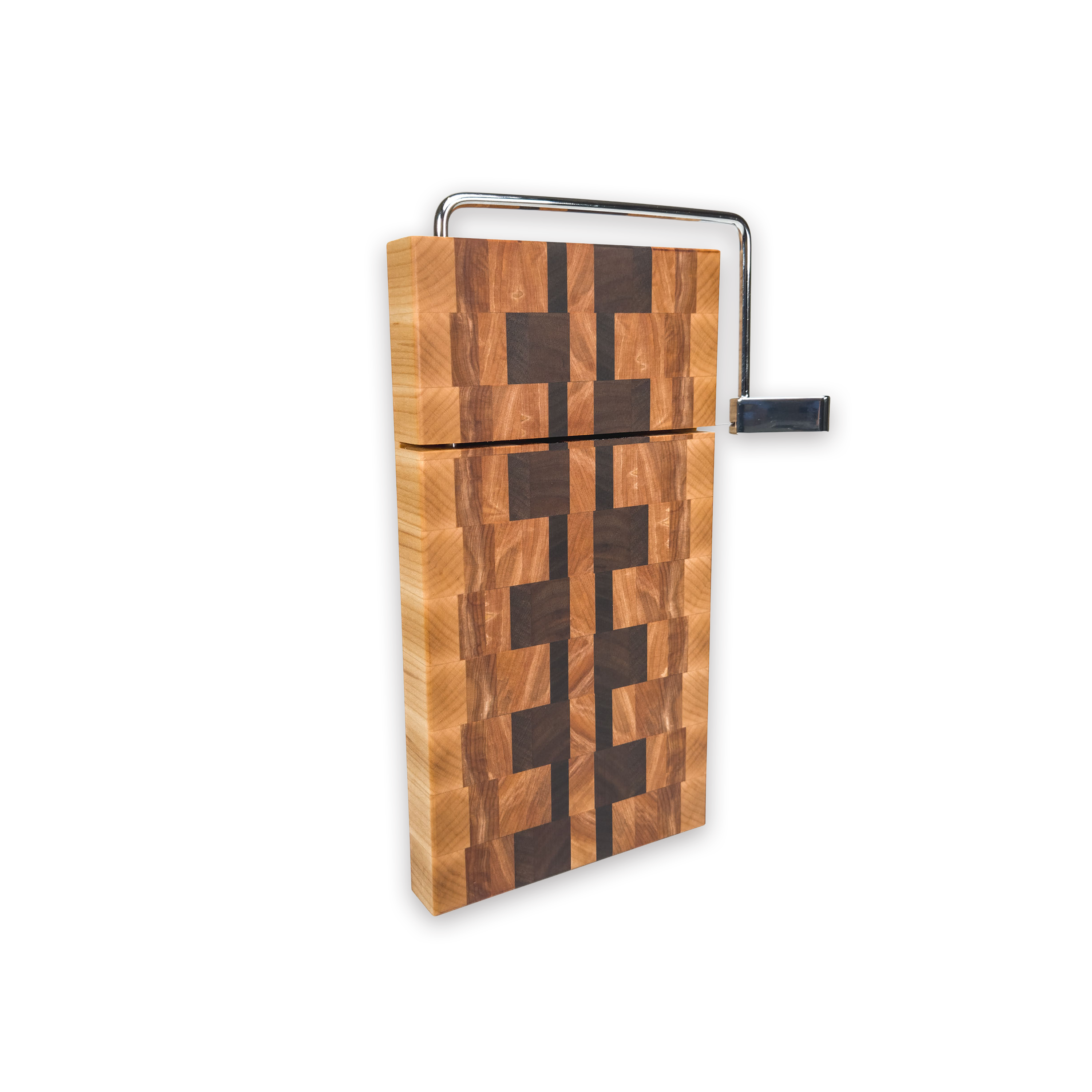 End grain maple, walnut & hickory cheese slicer board with wire cutter, oiled hardwood