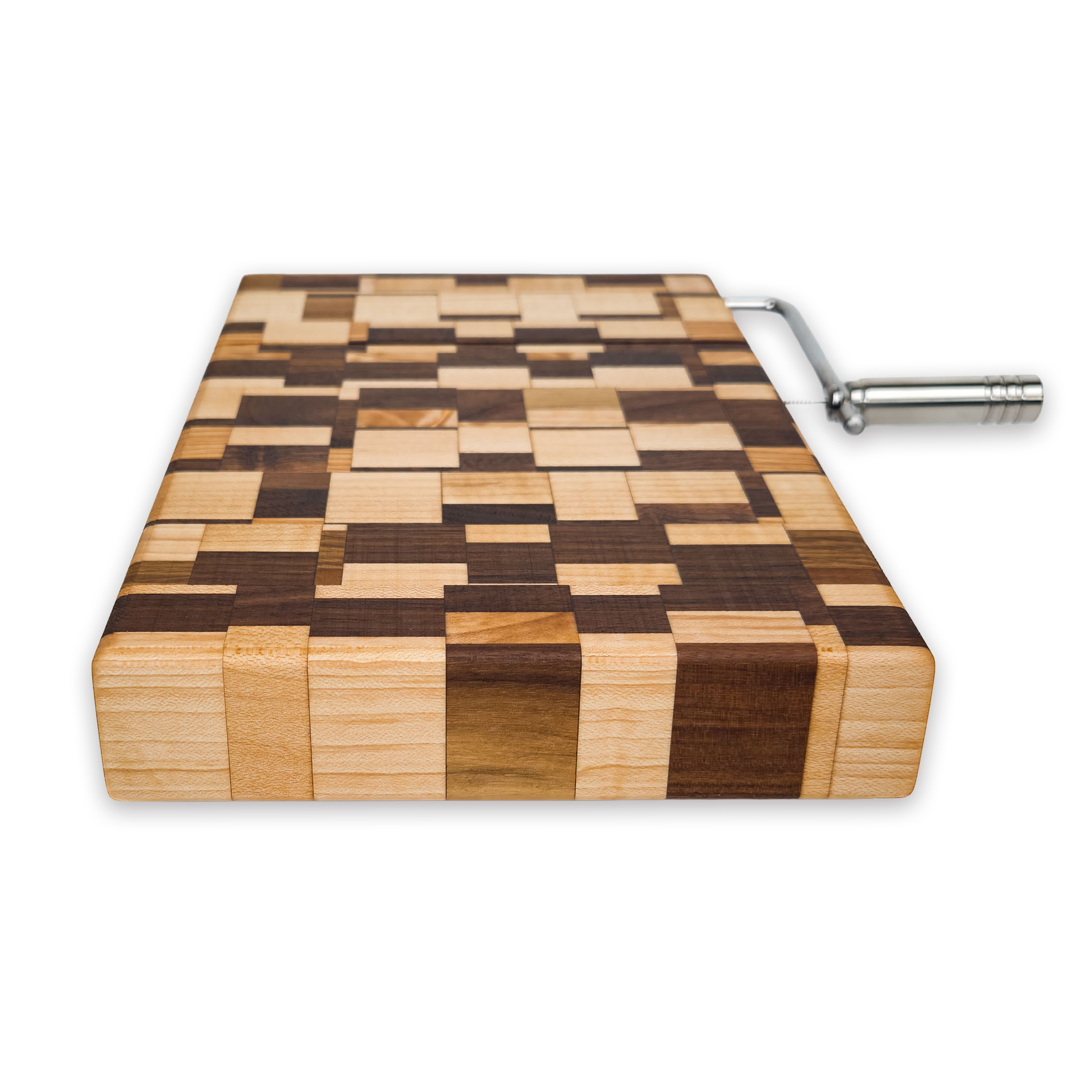 Edge grain maple & walnut cheese slicer board with wire cutter, oiled hardwood