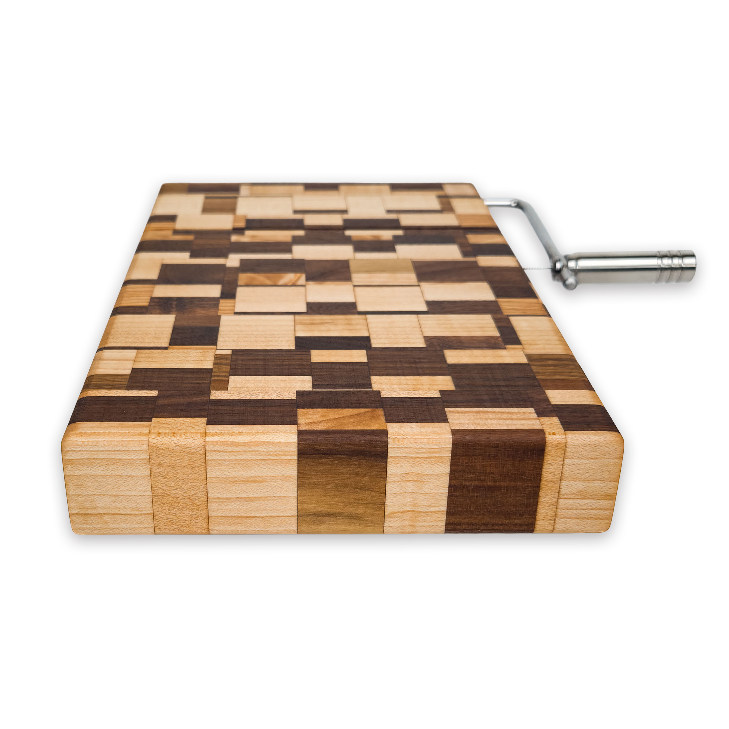 Edge grain maple & walnut cheese slicer board with wire cutter, oiled hardwood