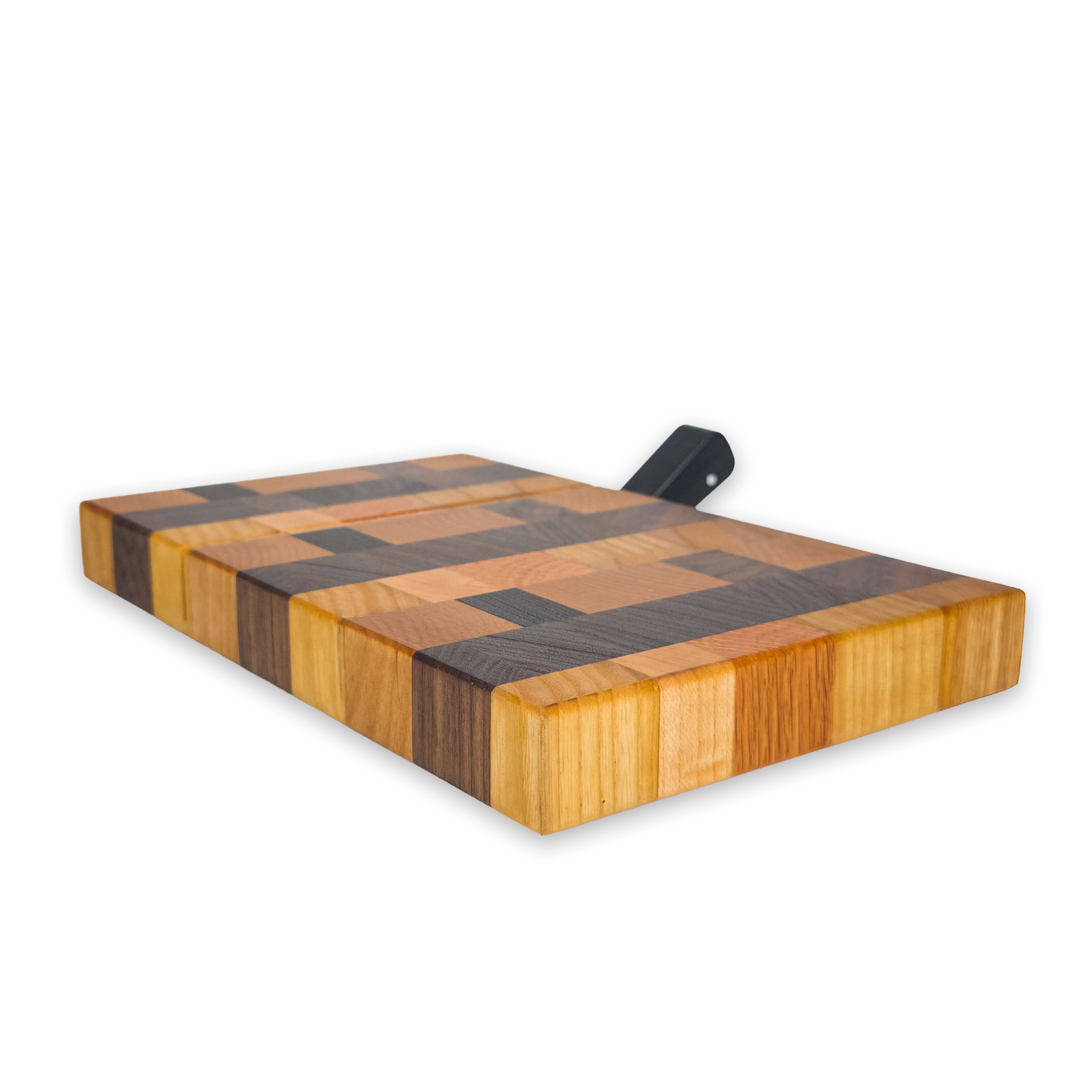 End grain oak, cherry & walnut cheese slicer board with wire cutter, oiled hardwood