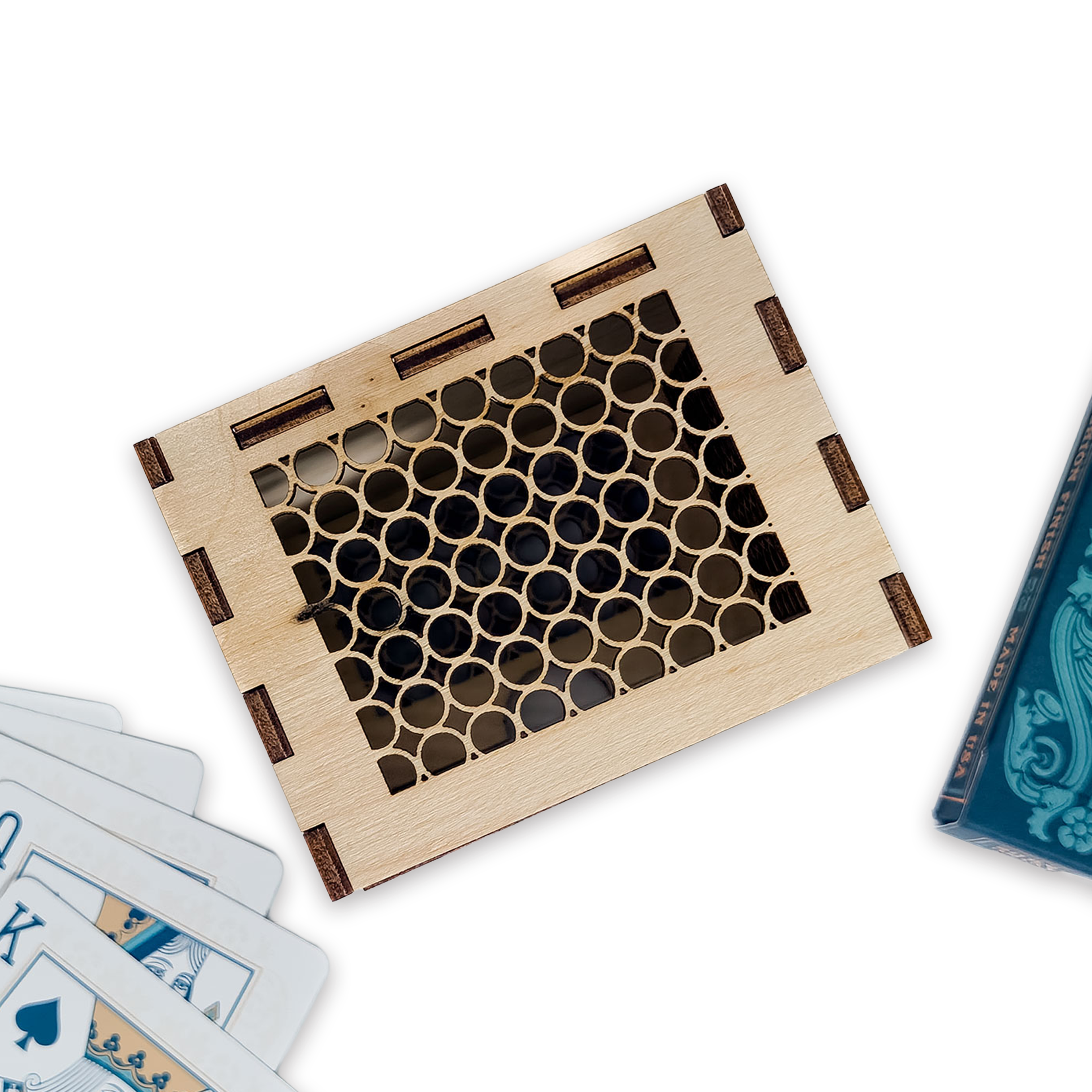 Laser-cut king of hearts poker card box, walnut & maple birch plywood