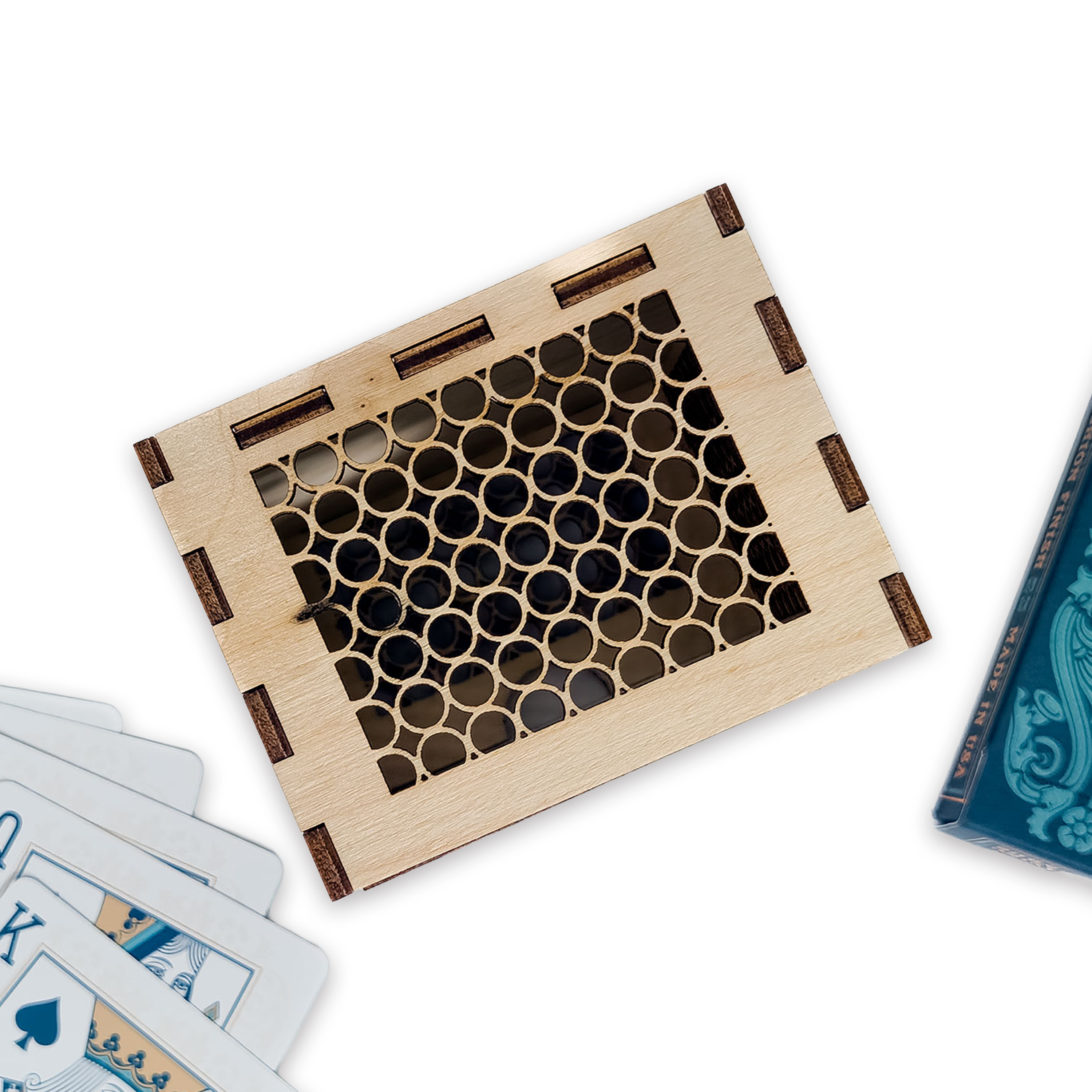 Laser-cut king of hearts poker card box, walnut & maple birch plywood