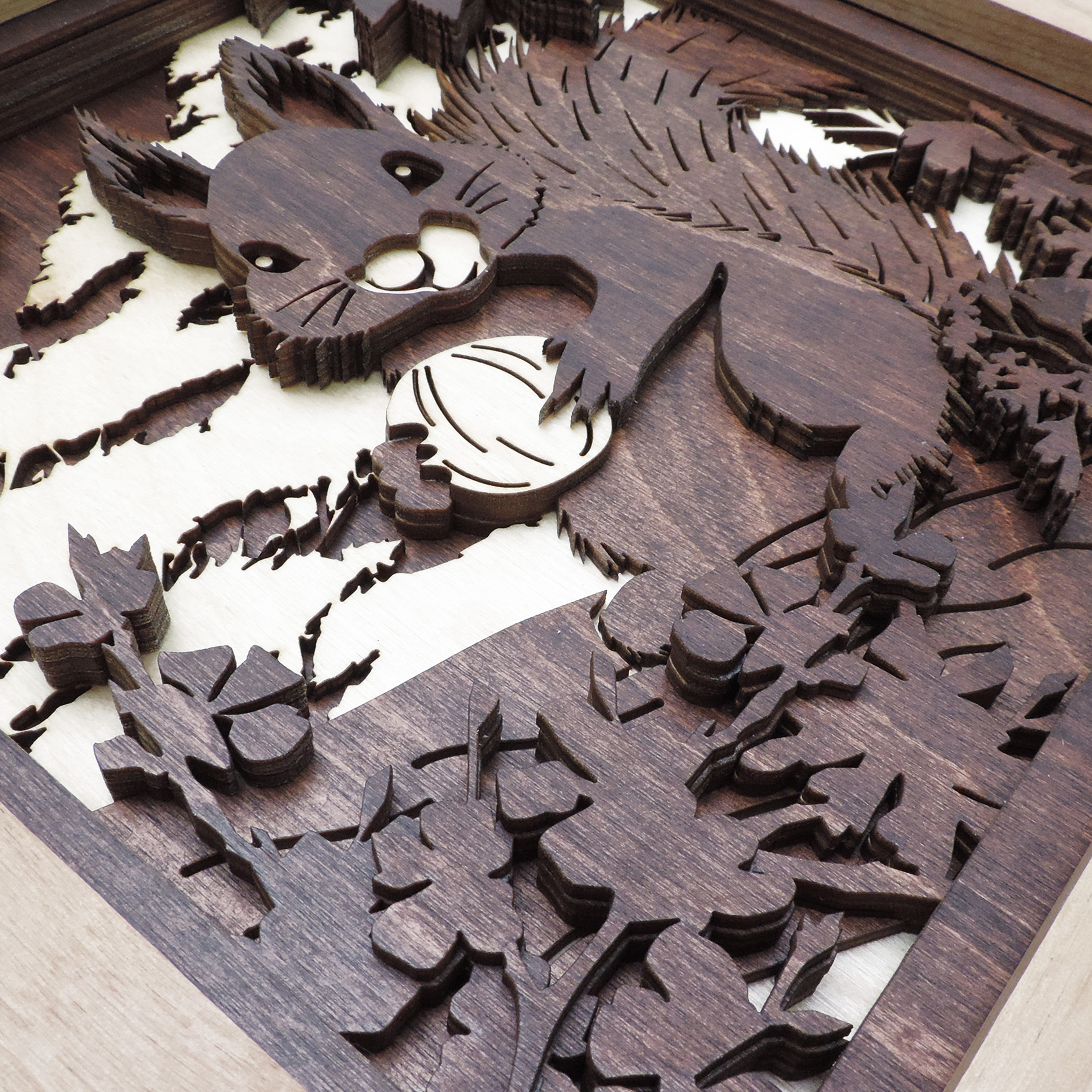 Multilayer 3D laser-cut squirrel wall art, Baltic Birch Plywood