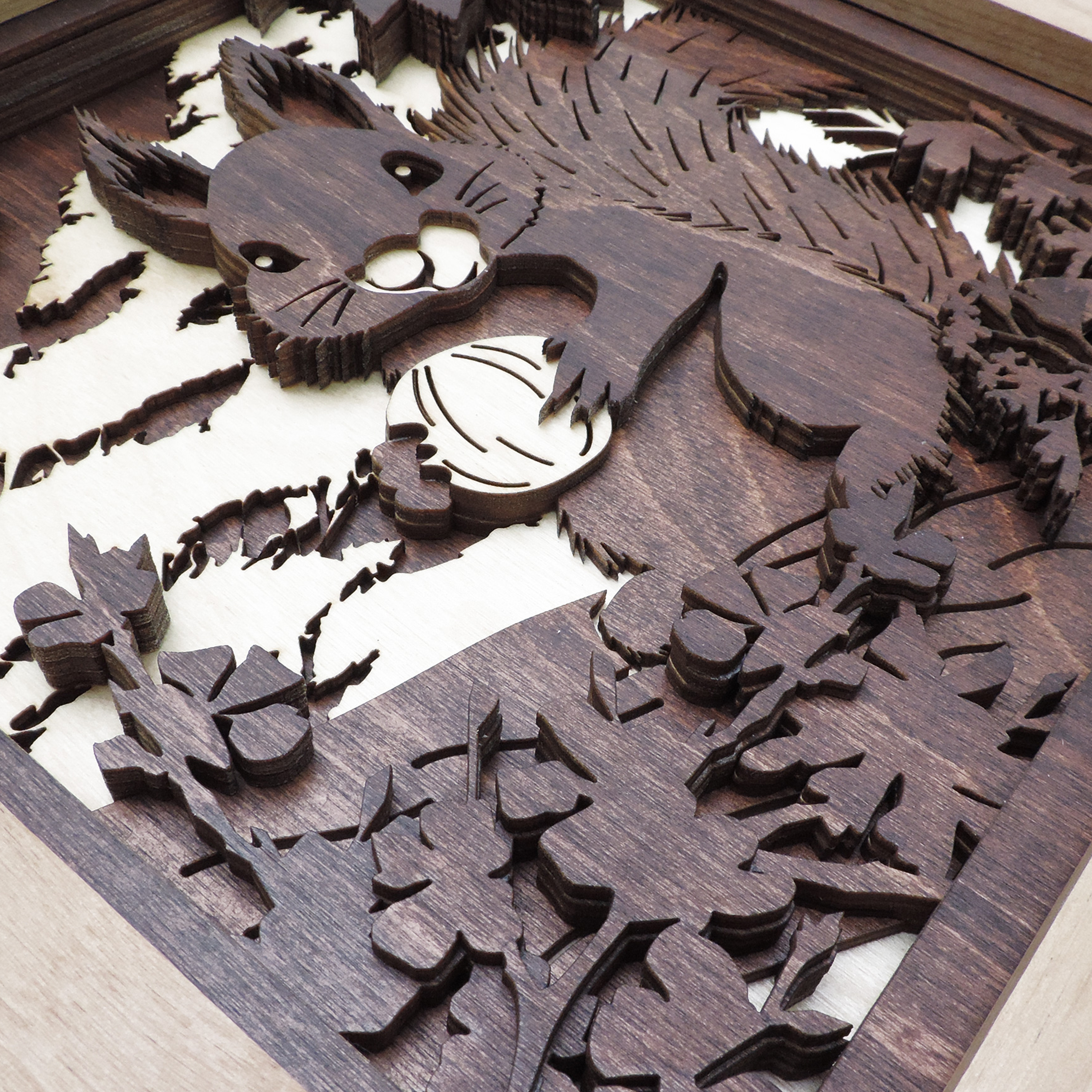 Multilayer 3D laser-cut squirrel wall art, Baltic Birch Plywood