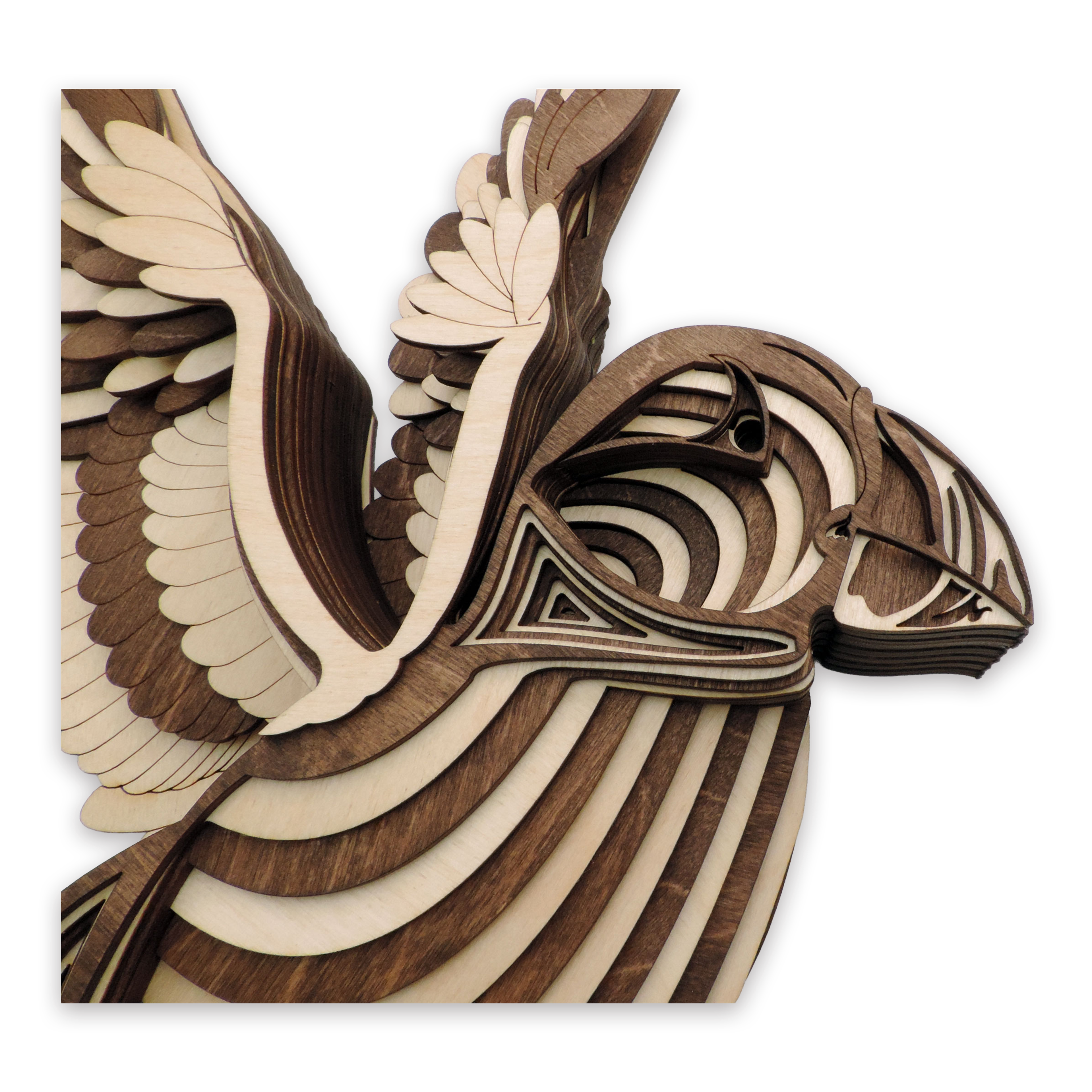 17-layer 3D laser-cut baby puffin wall art, Baltic Birch Plywood — walnut maple, small (11 × 9 in)