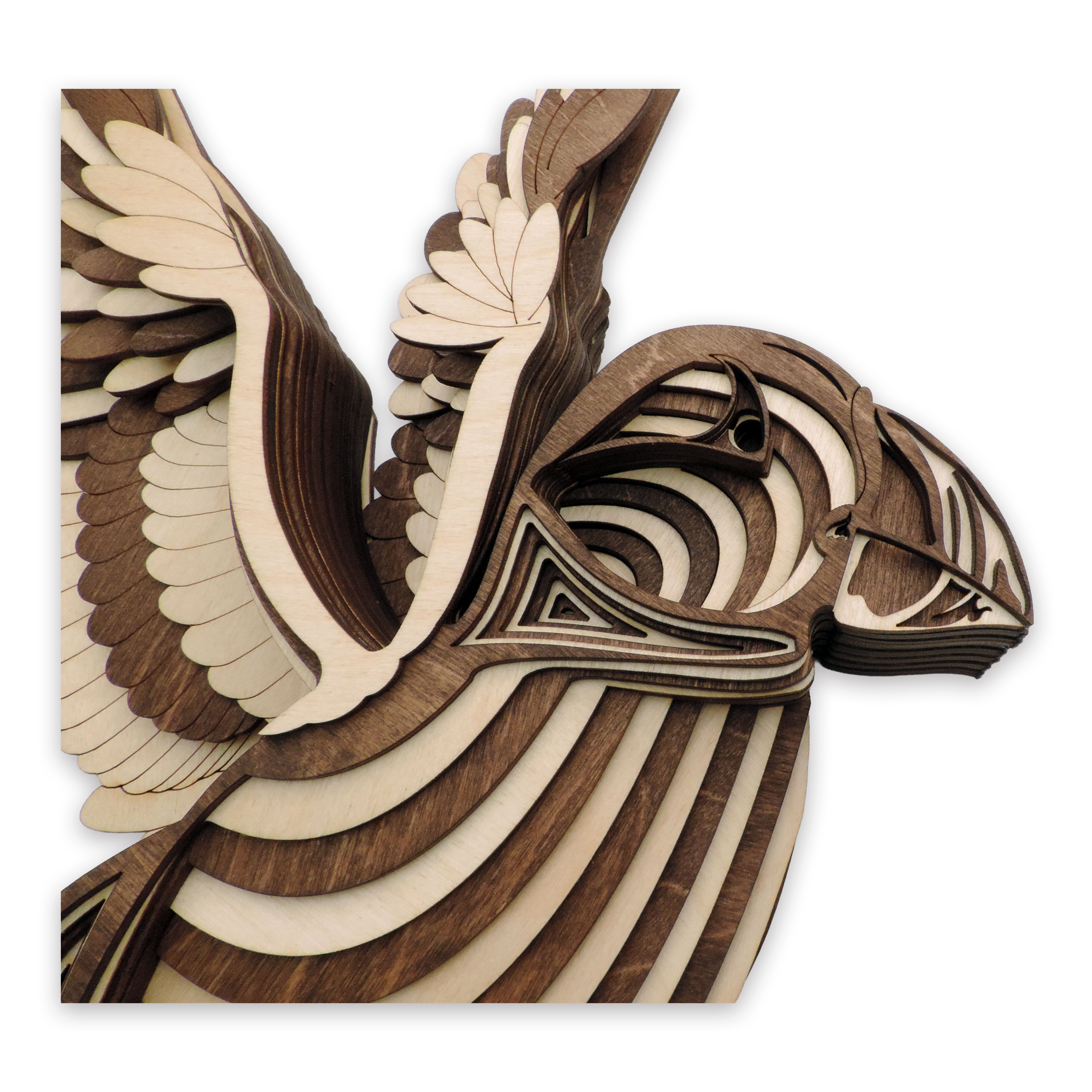 17-layer 3D laser-cut baby puffin wall art, Baltic Birch Plywood — walnut maple, small (11 × 9 in)