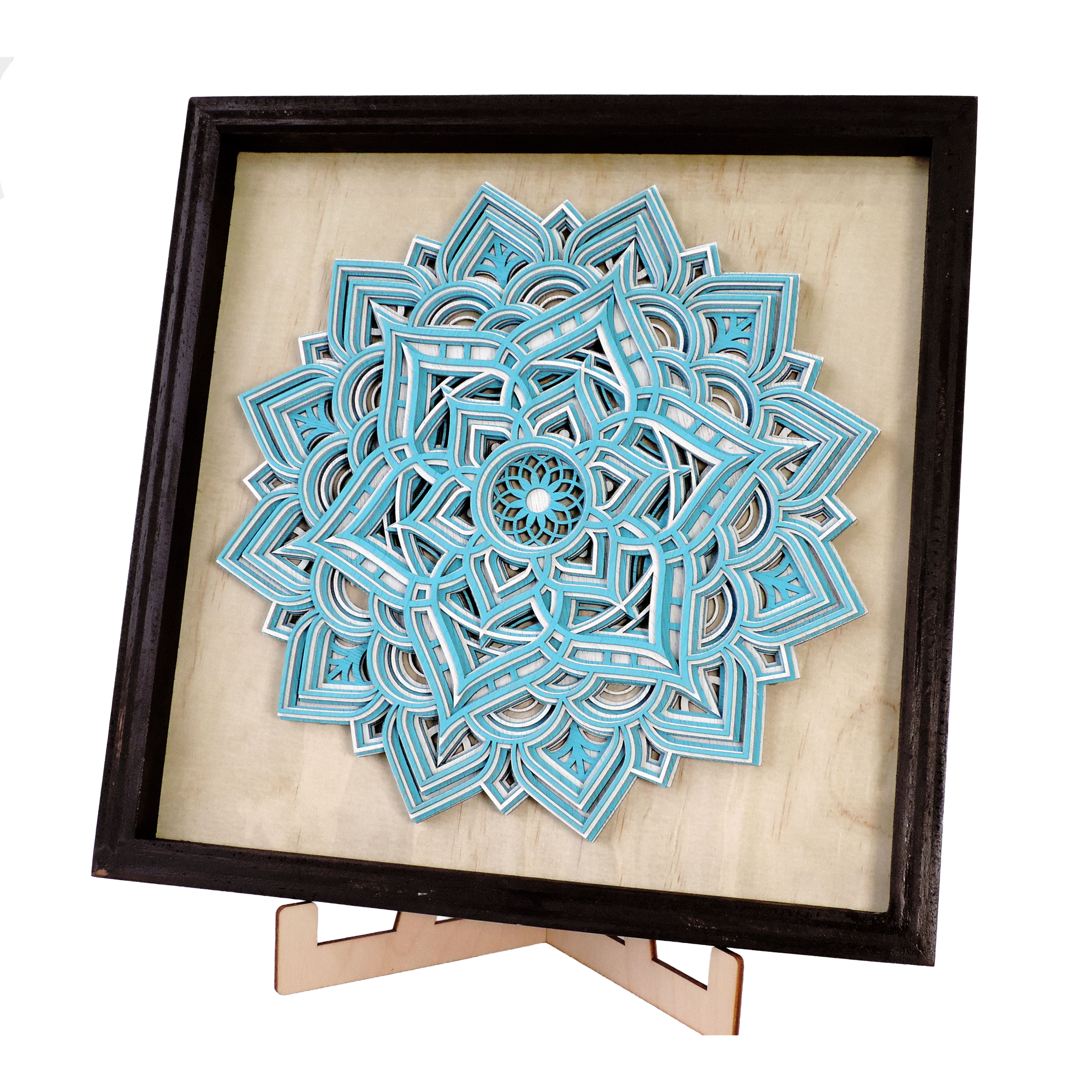 Multilayer 3D laser-cut lotus mandala wall art, Baltic Birch Plywood — blue & white (13 × 13 in)