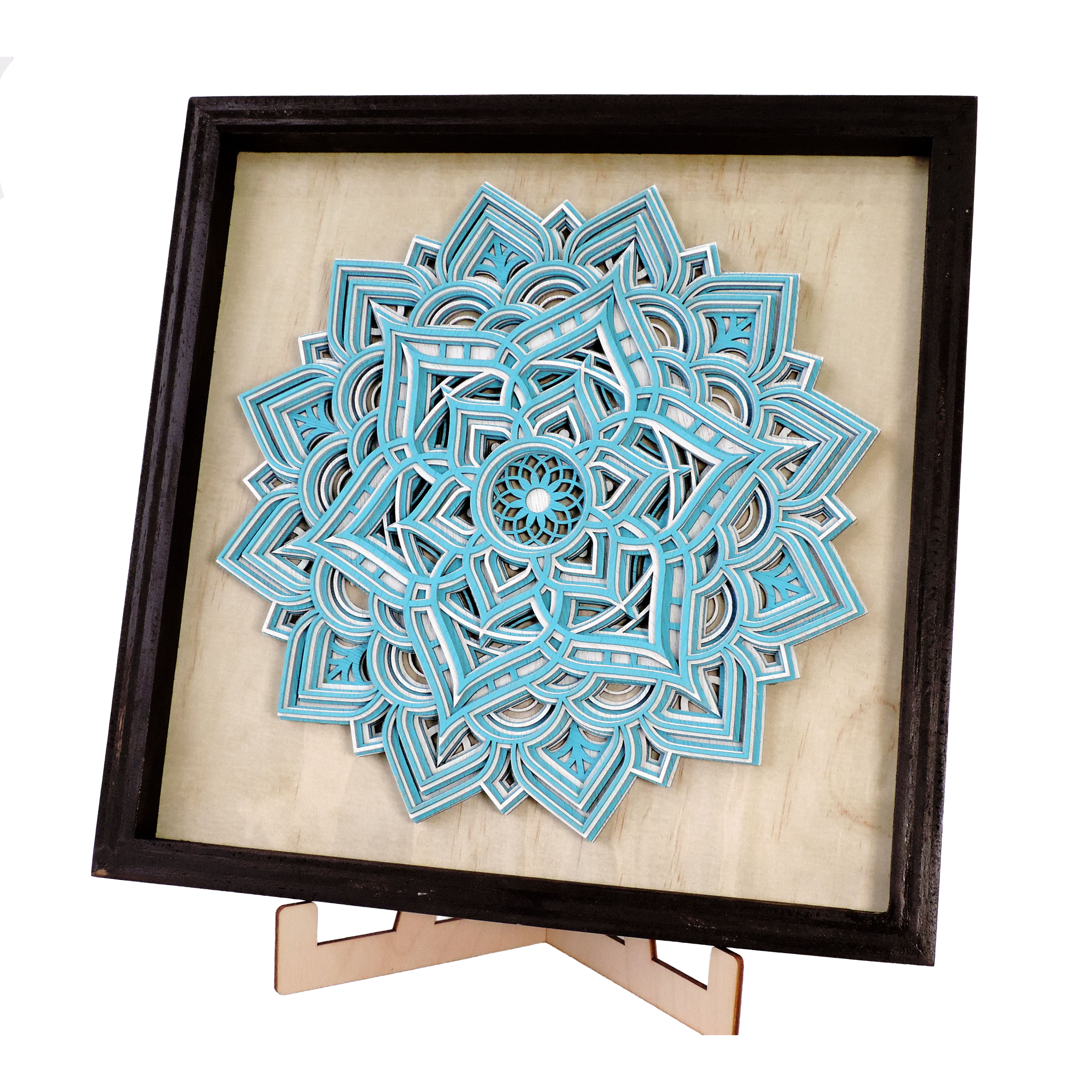 Multilayer 3D laser-cut lotus mandala wall art, Baltic Birch Plywood — blue & white (13 × 13 in)