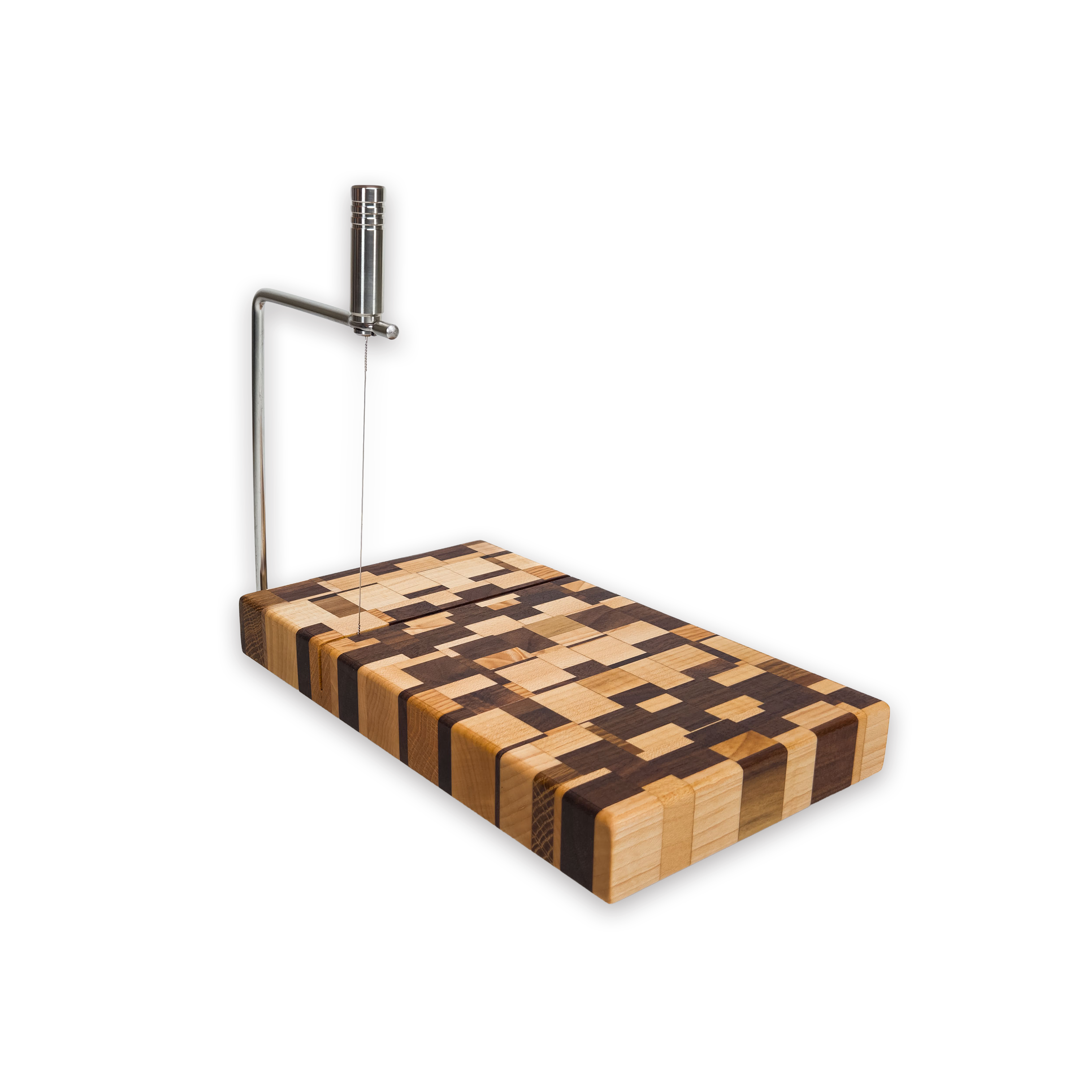 Edge grain maple & walnut cheese slicer board with wire cutter, oiled hardwood