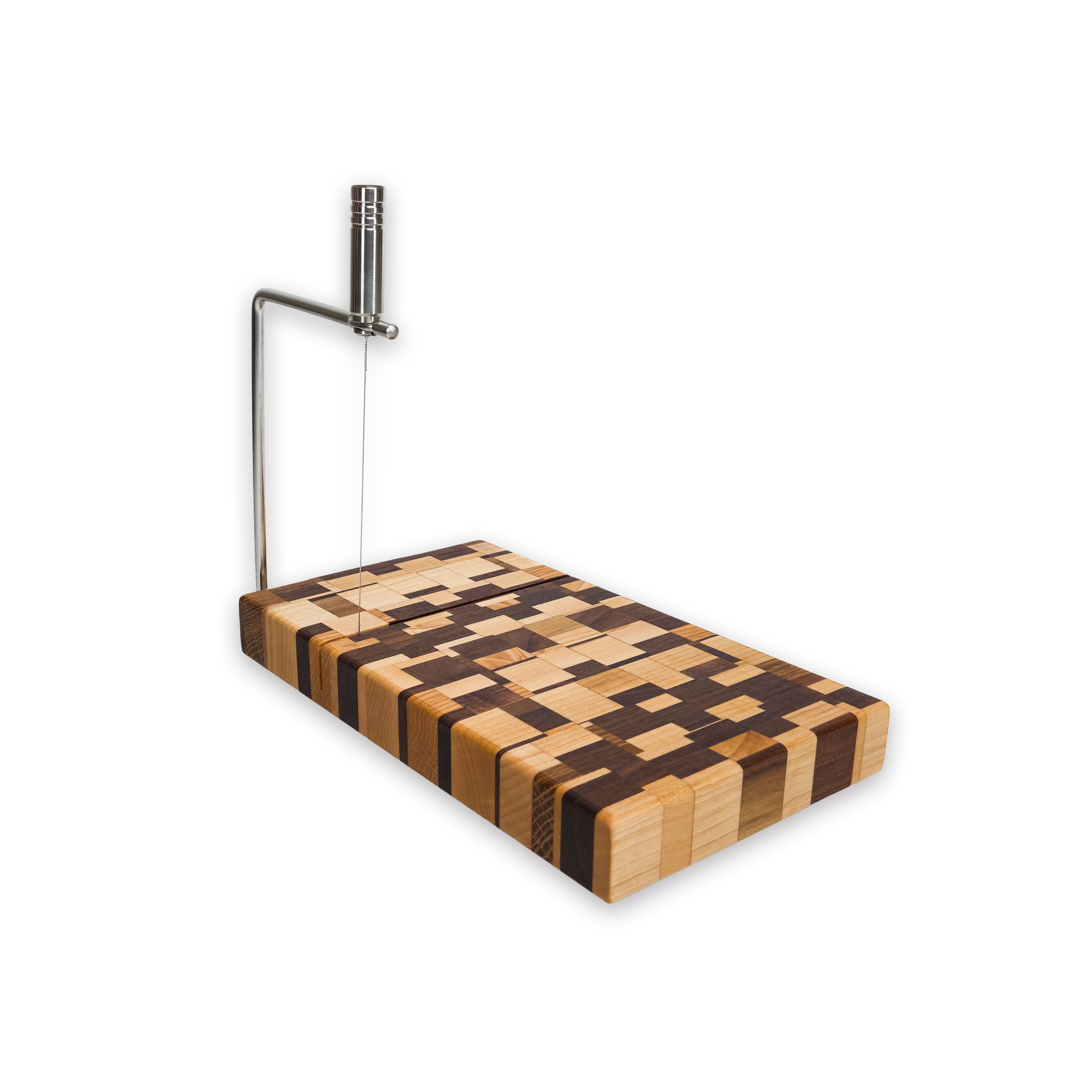 Edge grain maple & walnut cheese slicer board with wire cutter, oiled hardwood
