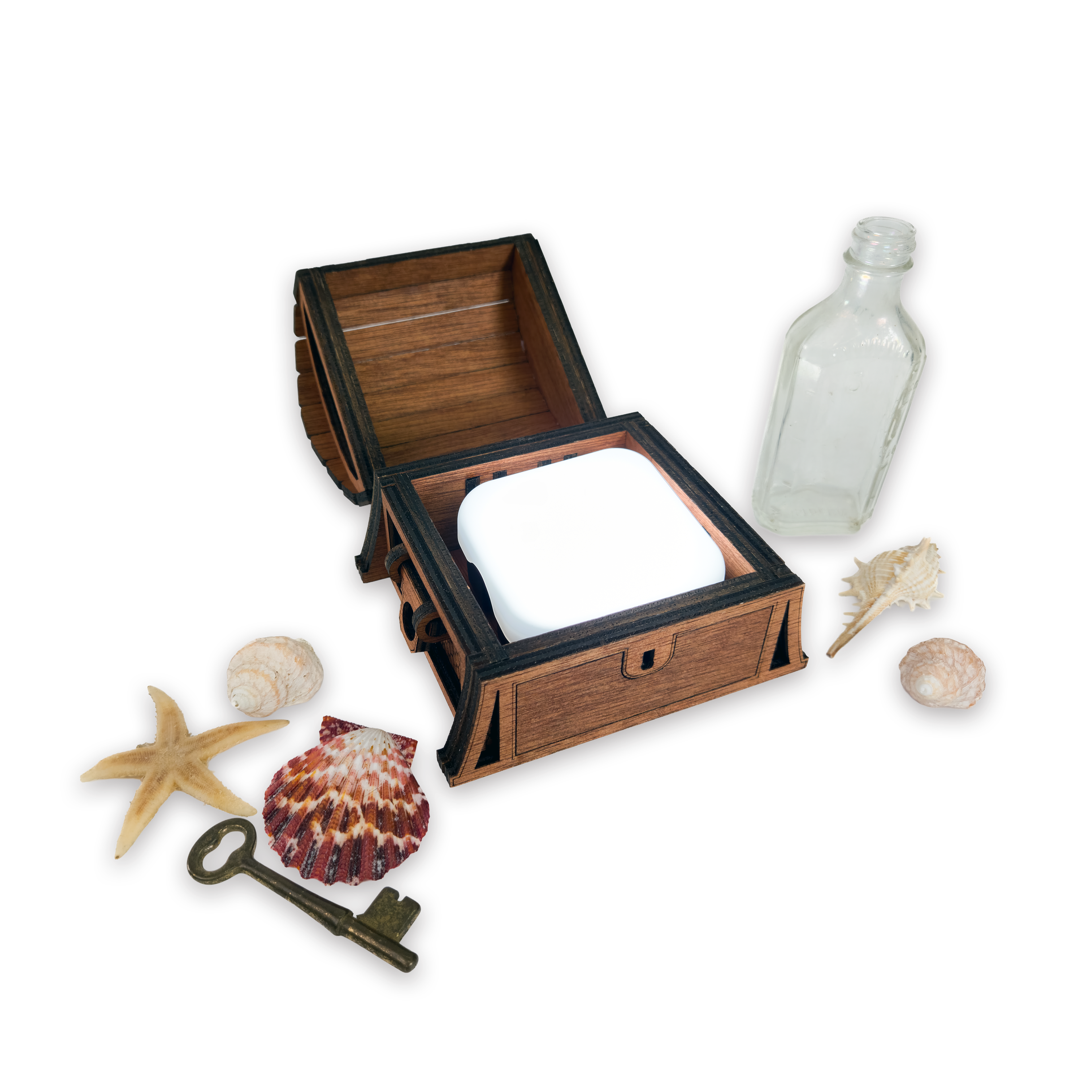 Laser-cut fantasy treasure chest, cherry-finished birch plywood