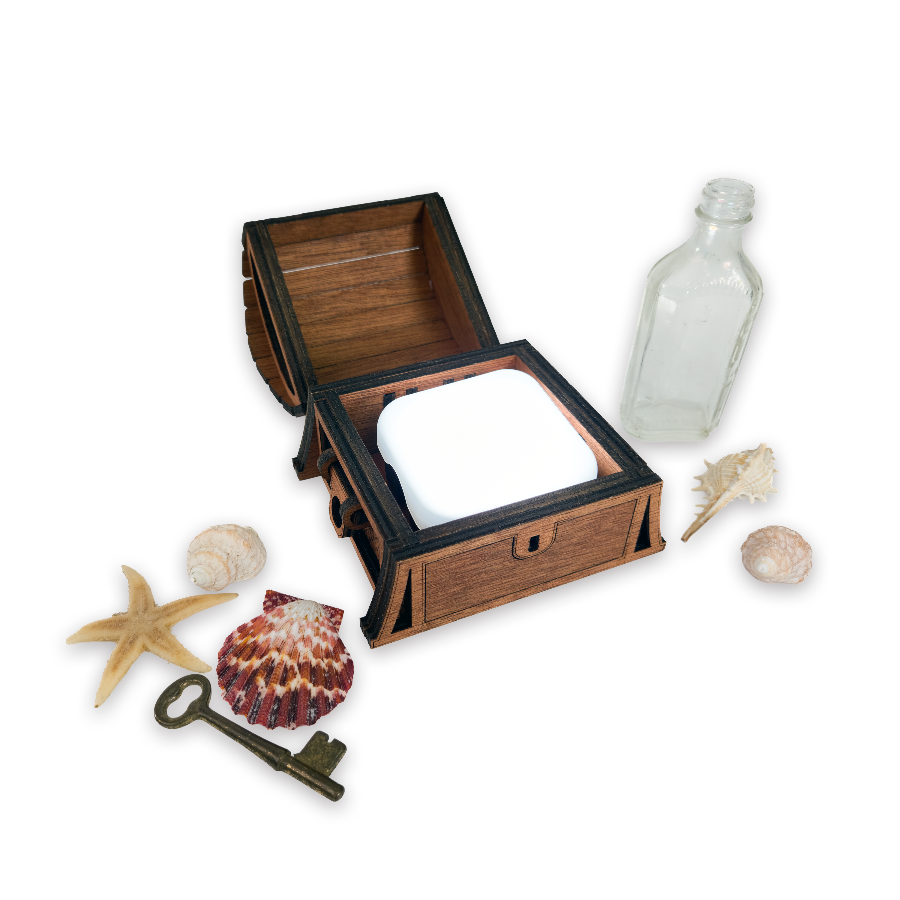 Laser-cut fantasy treasure chest, cherry-finished birch plywood