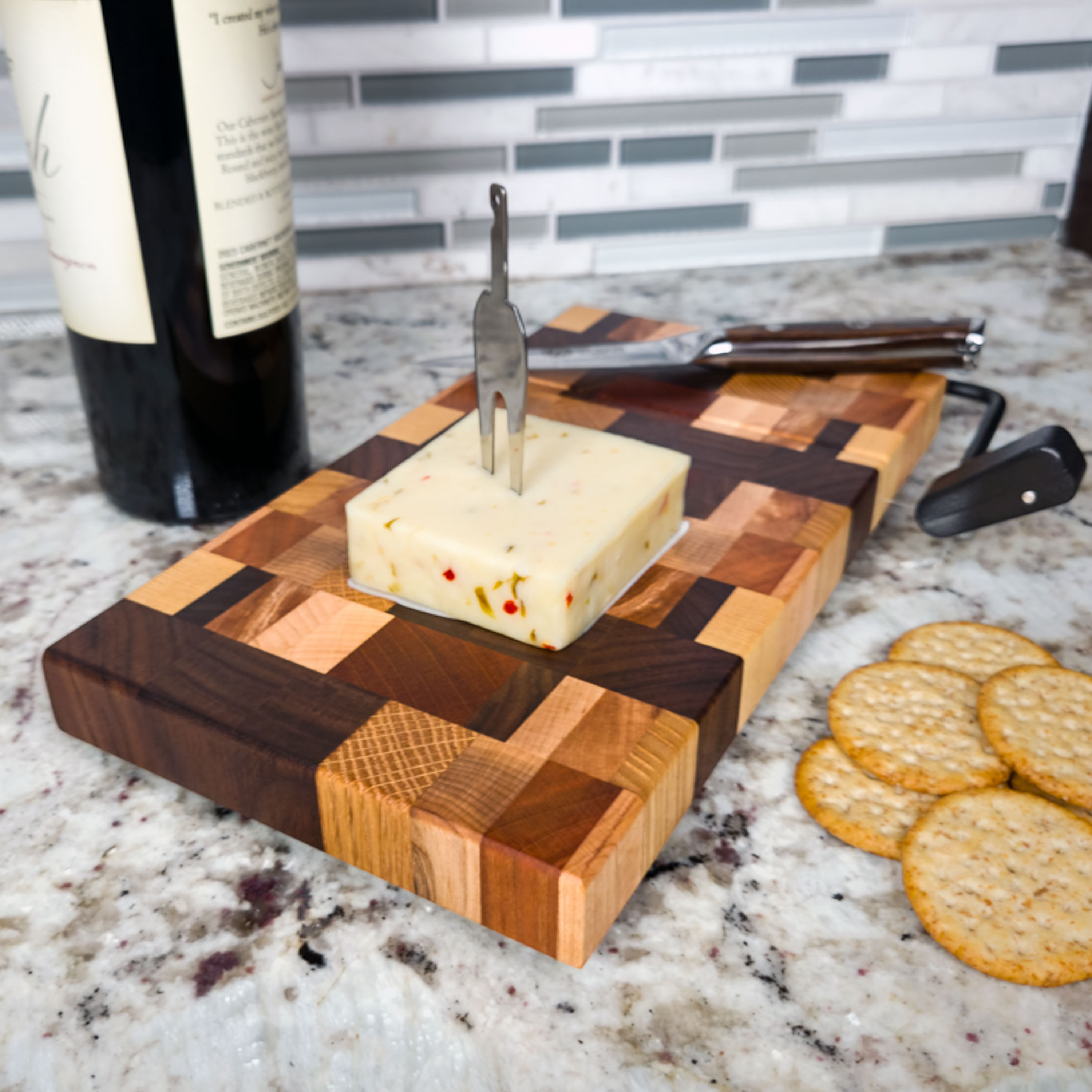 End grain dark mixed hardwood cheese slicer board with wire cutter, oiled hardwood