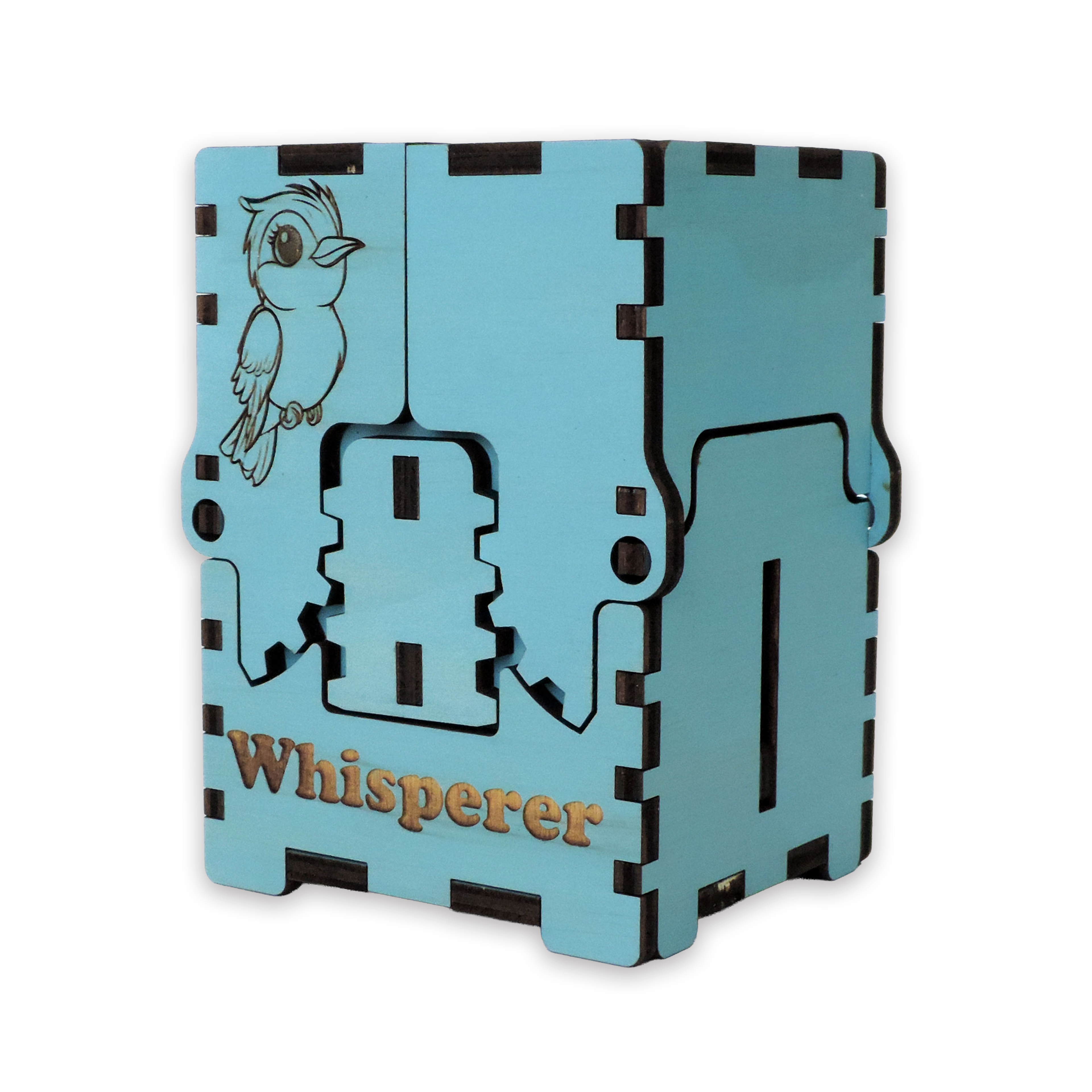 Laser-cut bird whisperer box, turquoise-painted birch plywood