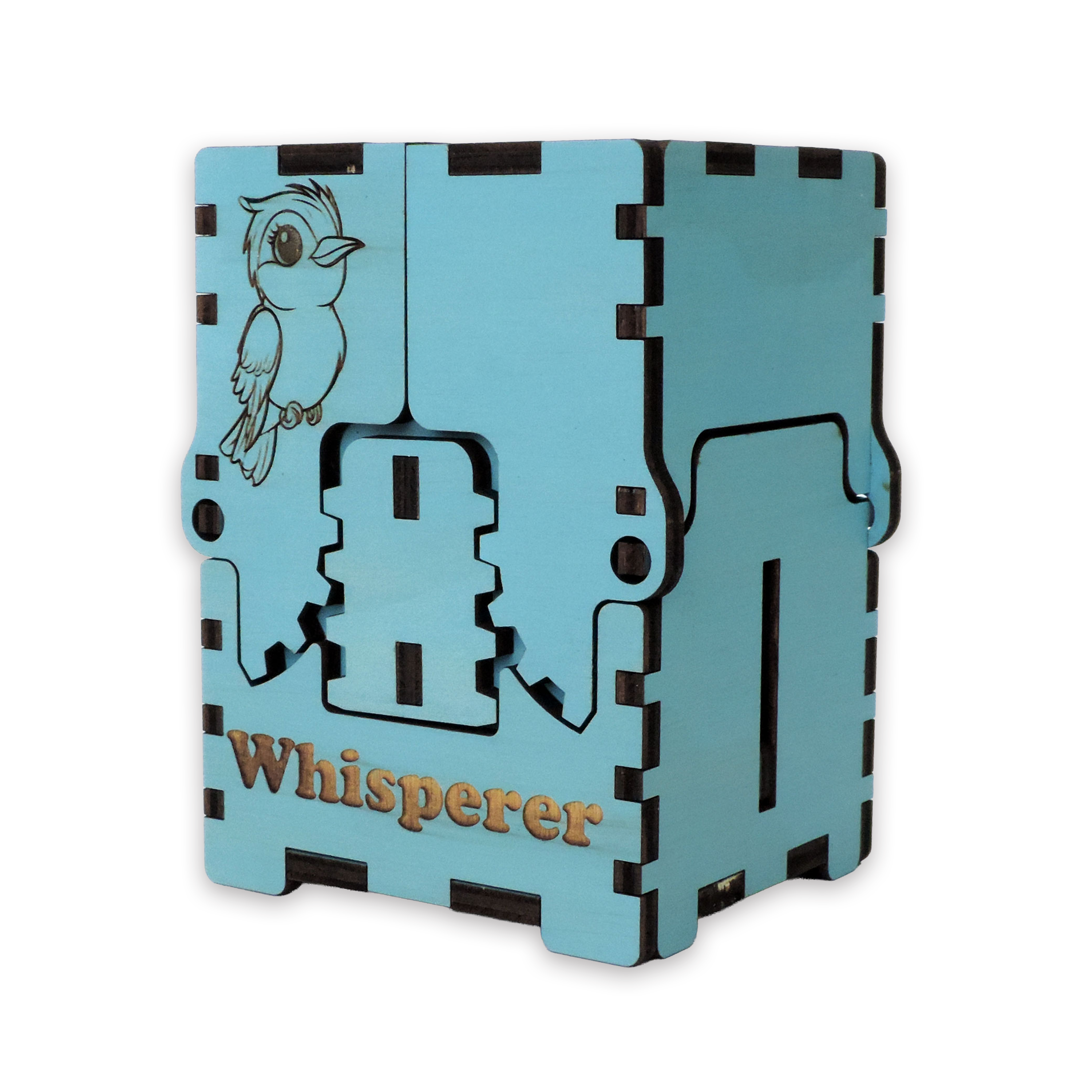 Laser-cut bird whisperer box, turquoise-painted birch plywood
